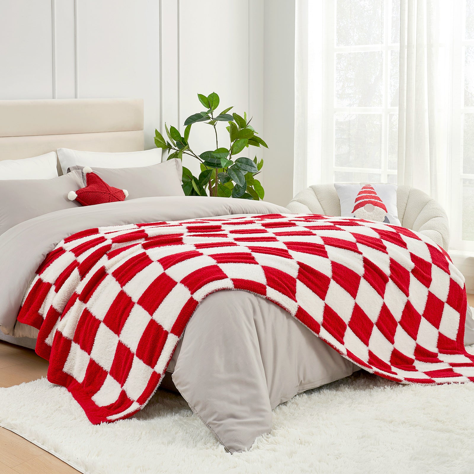 Checkered Faux Fur Microfiber Blanket - #Color_Red White