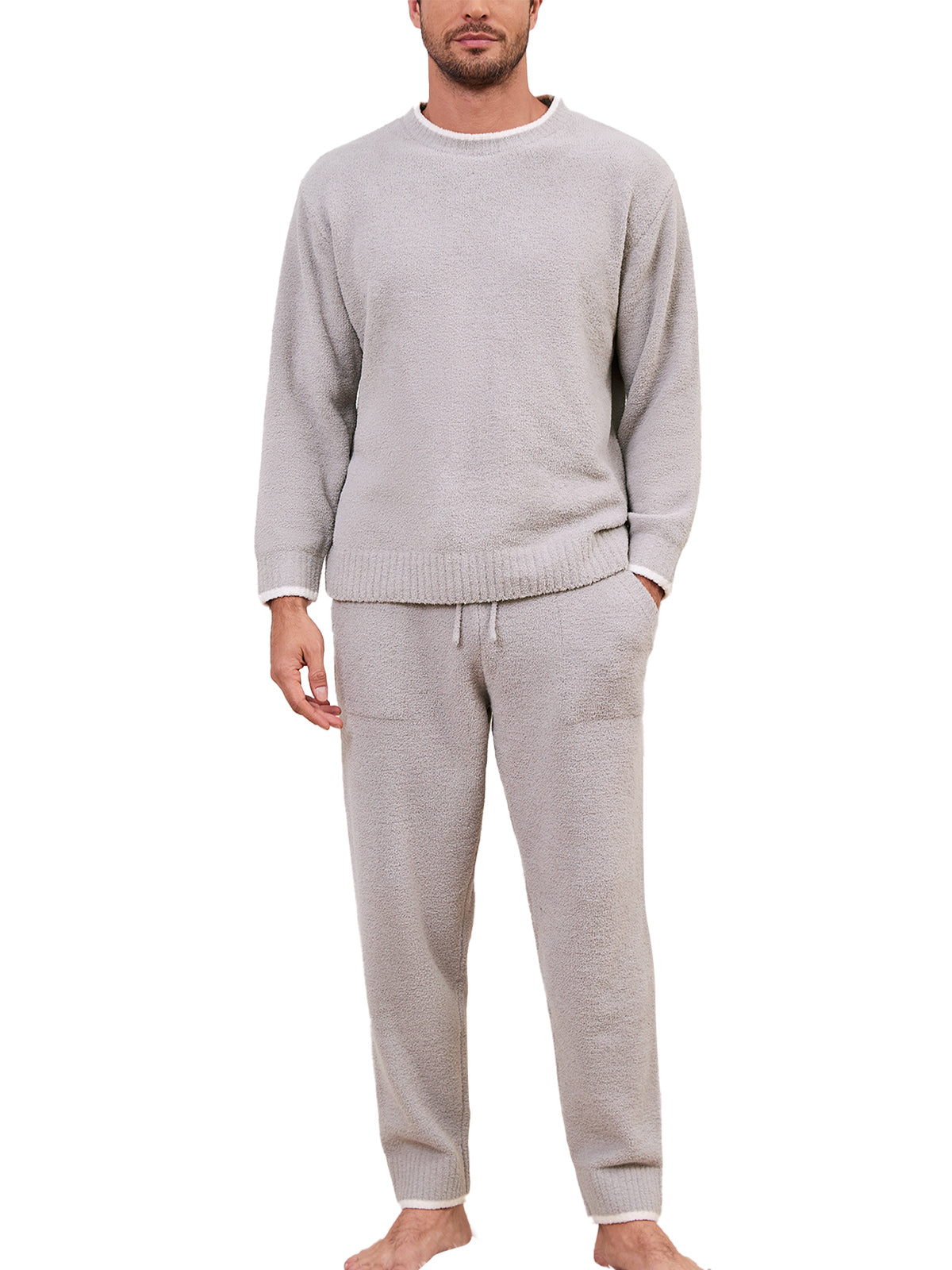 Man wearing a gray sweater and pants set on a white background #color_Light Grey