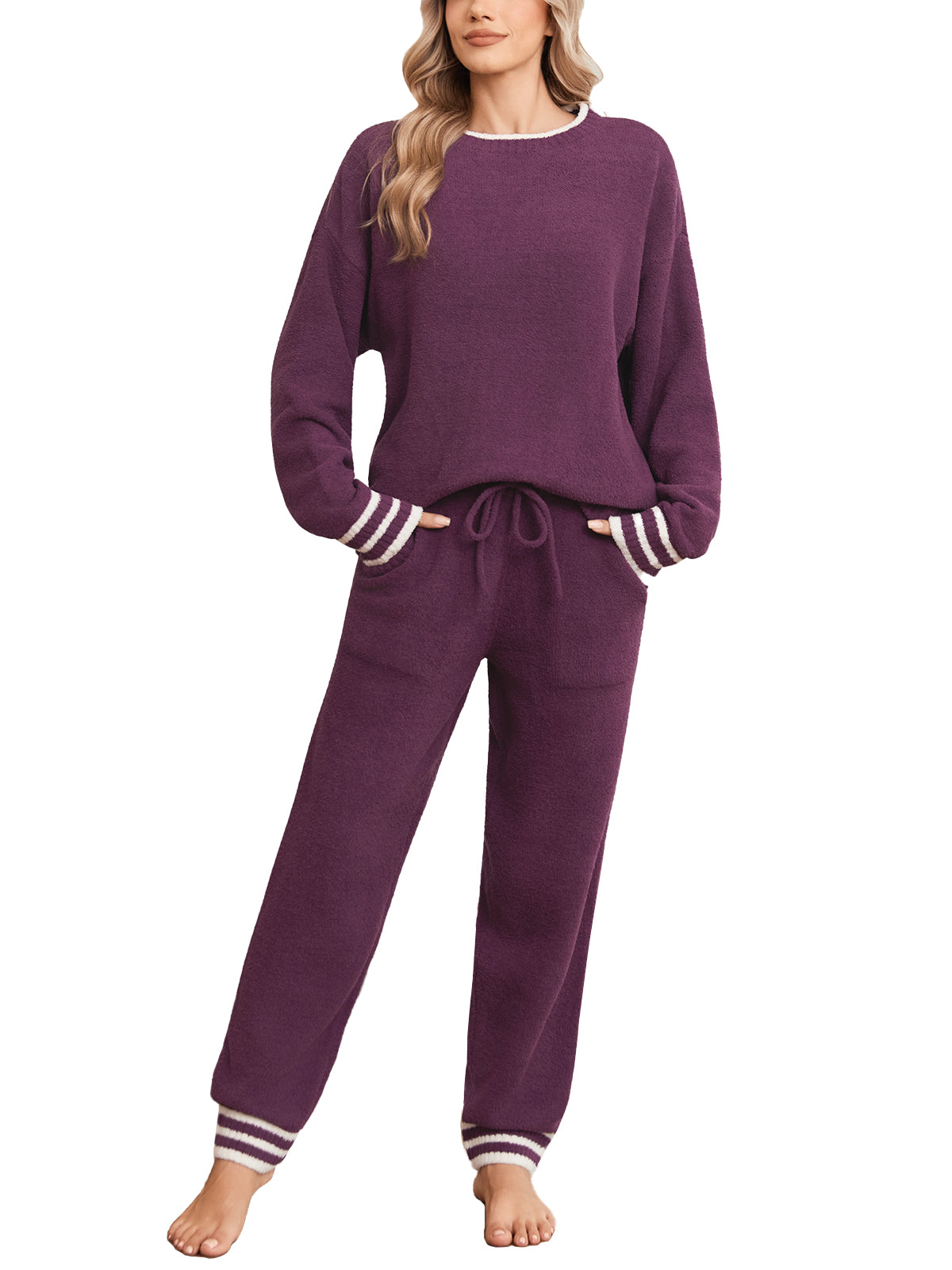 Purple pajama set with striped cuffs on a white background #color_Purple