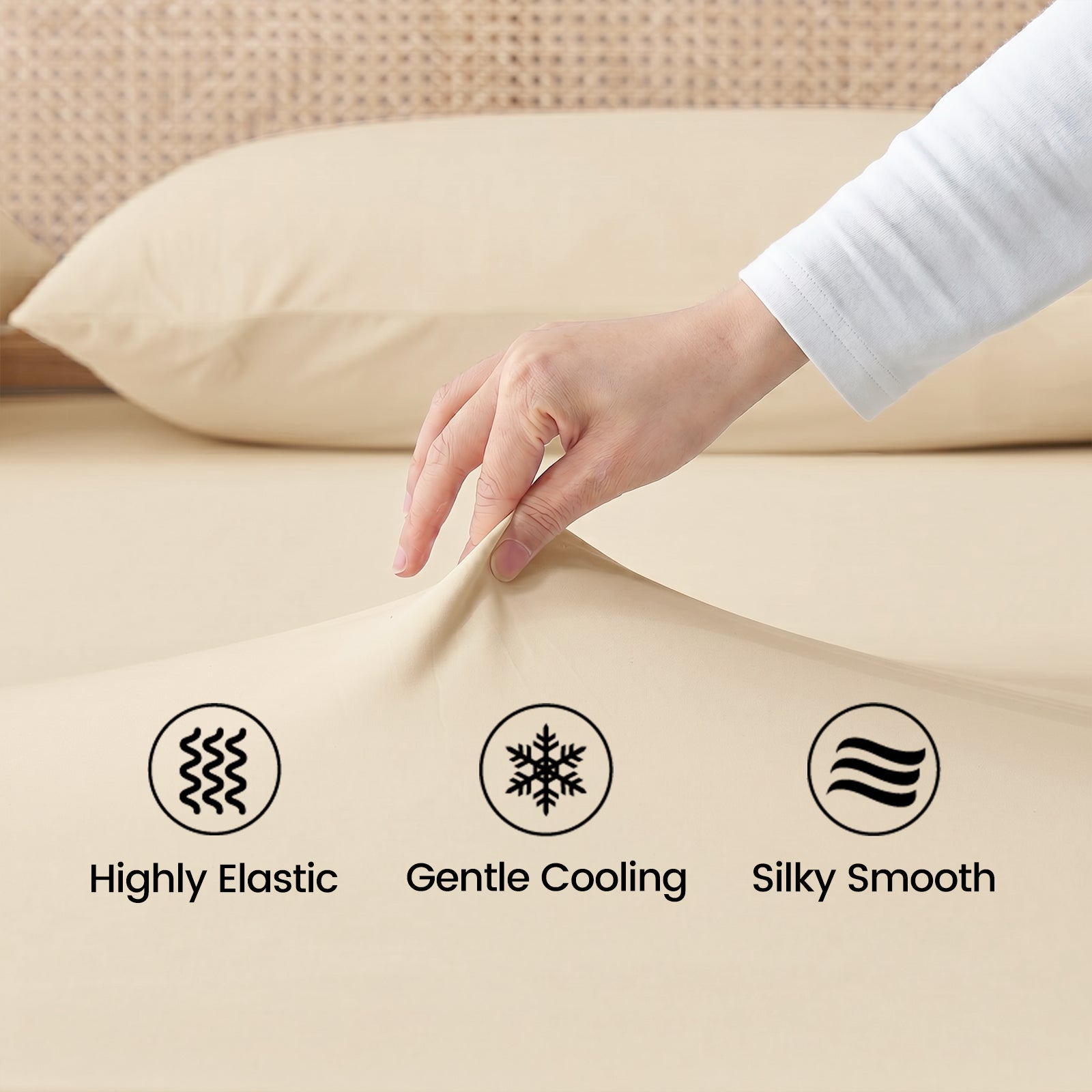 Close up of high elastic, silk smooth and cooling fabric in Snuggle Sac sheet set.#color_Khaki