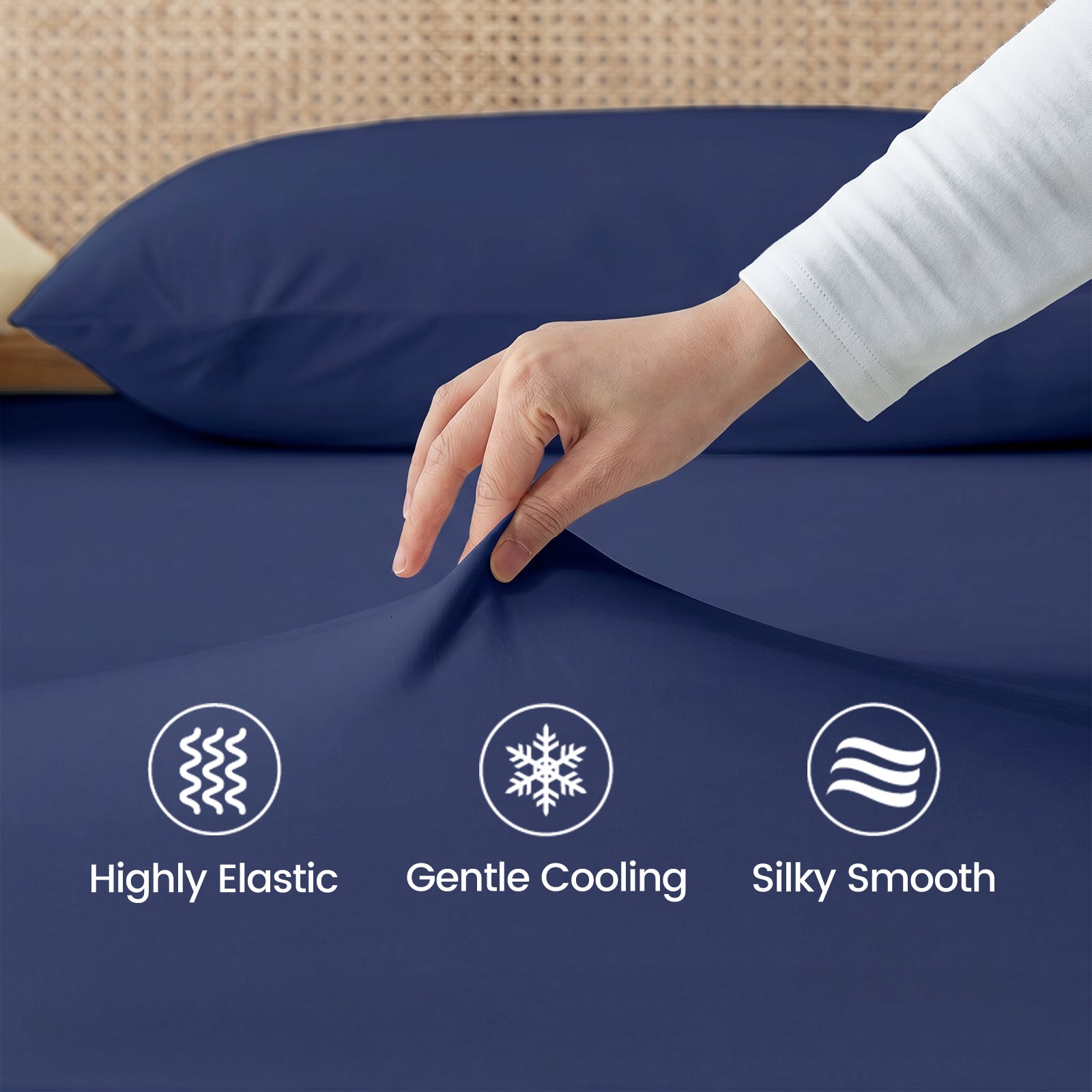 Close up of high elastic, silk smooth and cooling fabric in Snuggle Sac sheet set.#color_Dark Blue