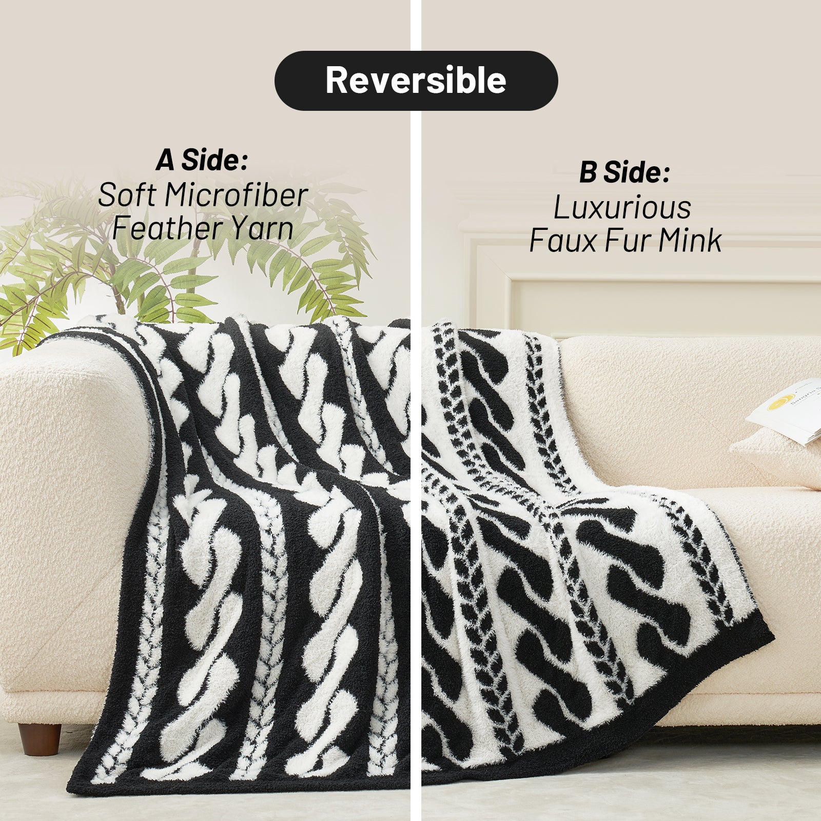 Snuggle Sac reversible cable faux fur knit throw blanket in black and white showing soft microfiber feather yarn on one side and luxurious faux fur mink on the other.#color_Black