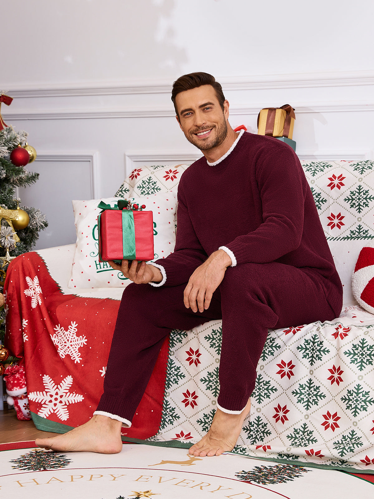 SnuggleChic Men Long Sleeve Crewneck Knit Loungewear Set - Xmas Red