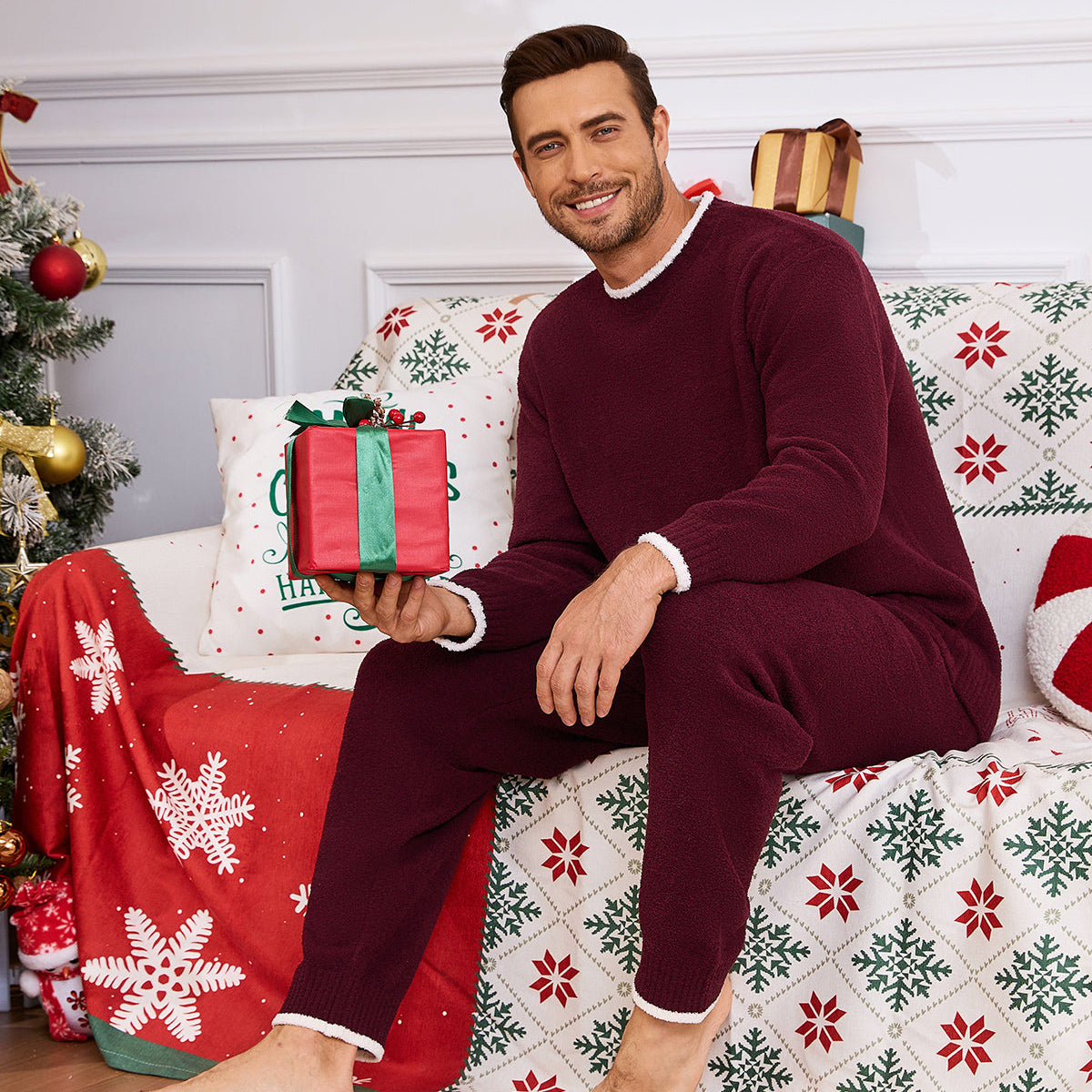 SnuggleChic Men Long Sleeve Crewneck Knit Loungewear Set - Xmas Red