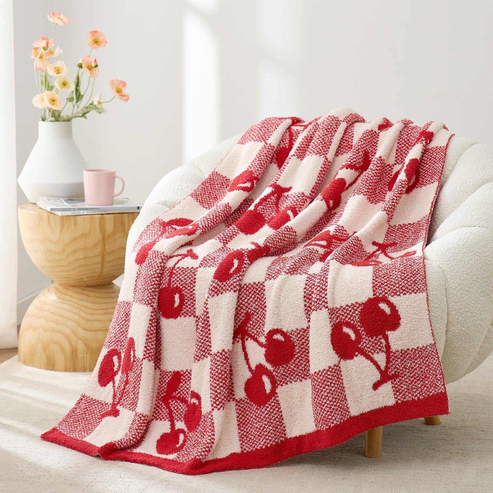 SnugCozy Red Cherry Feather Yarn Knit Throw Blanket