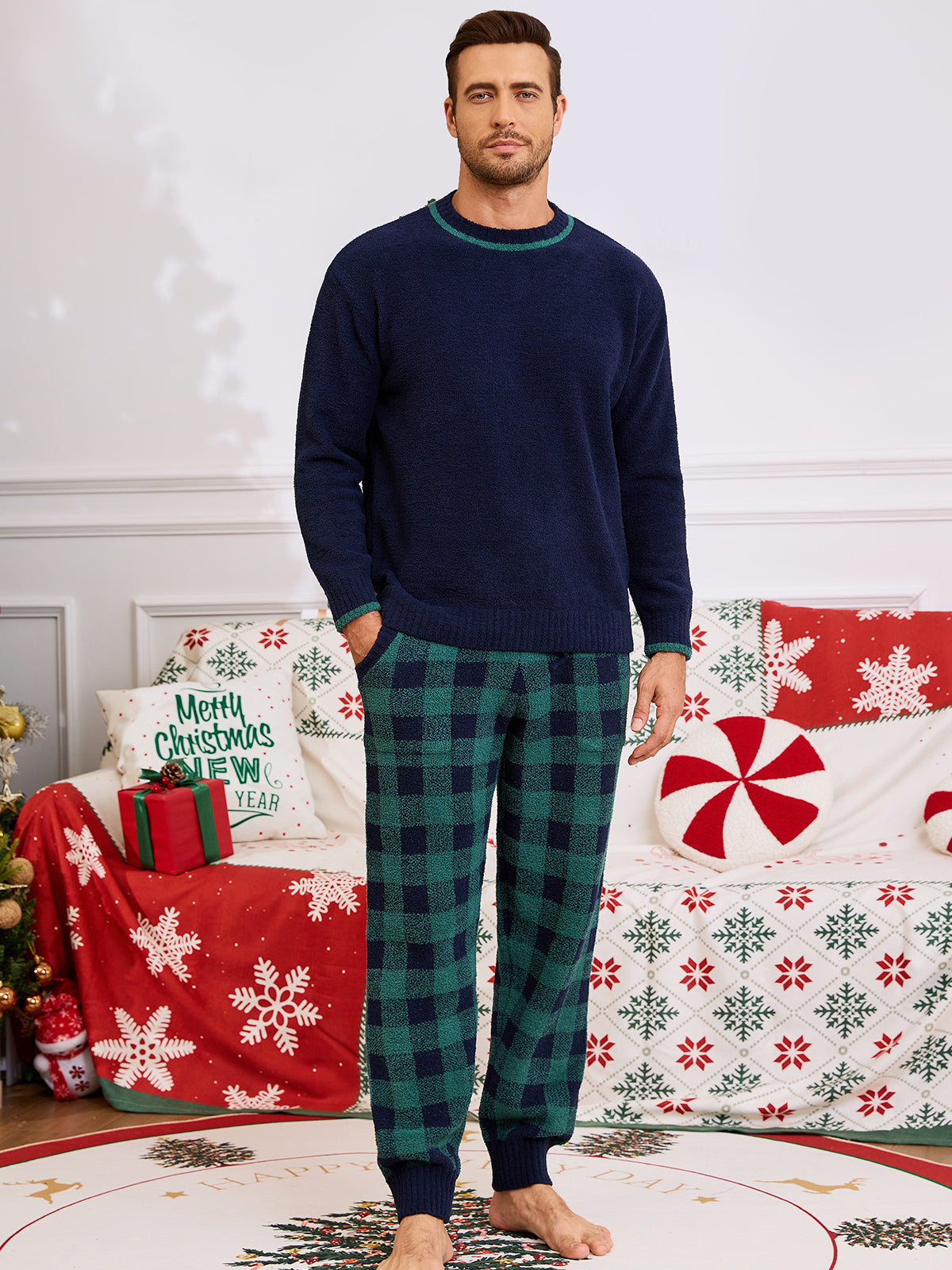 SnuggleChic Men Long Sleeve Crewneck Knit Loungewear Set for Christmas