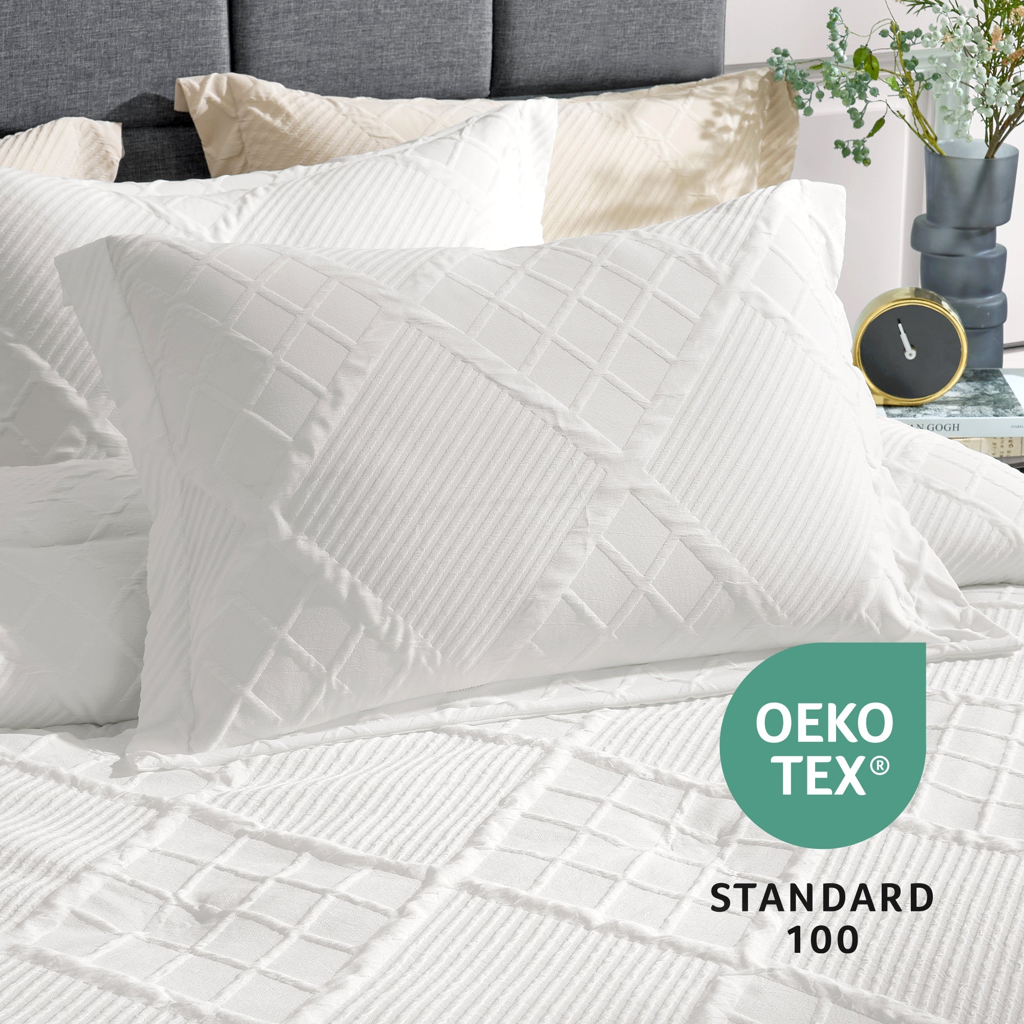 Snuggle Sac All-Season Jacquard Windowpane Comforter Pillow in off white on bed with OEKO TEX Certificate#color_Off White