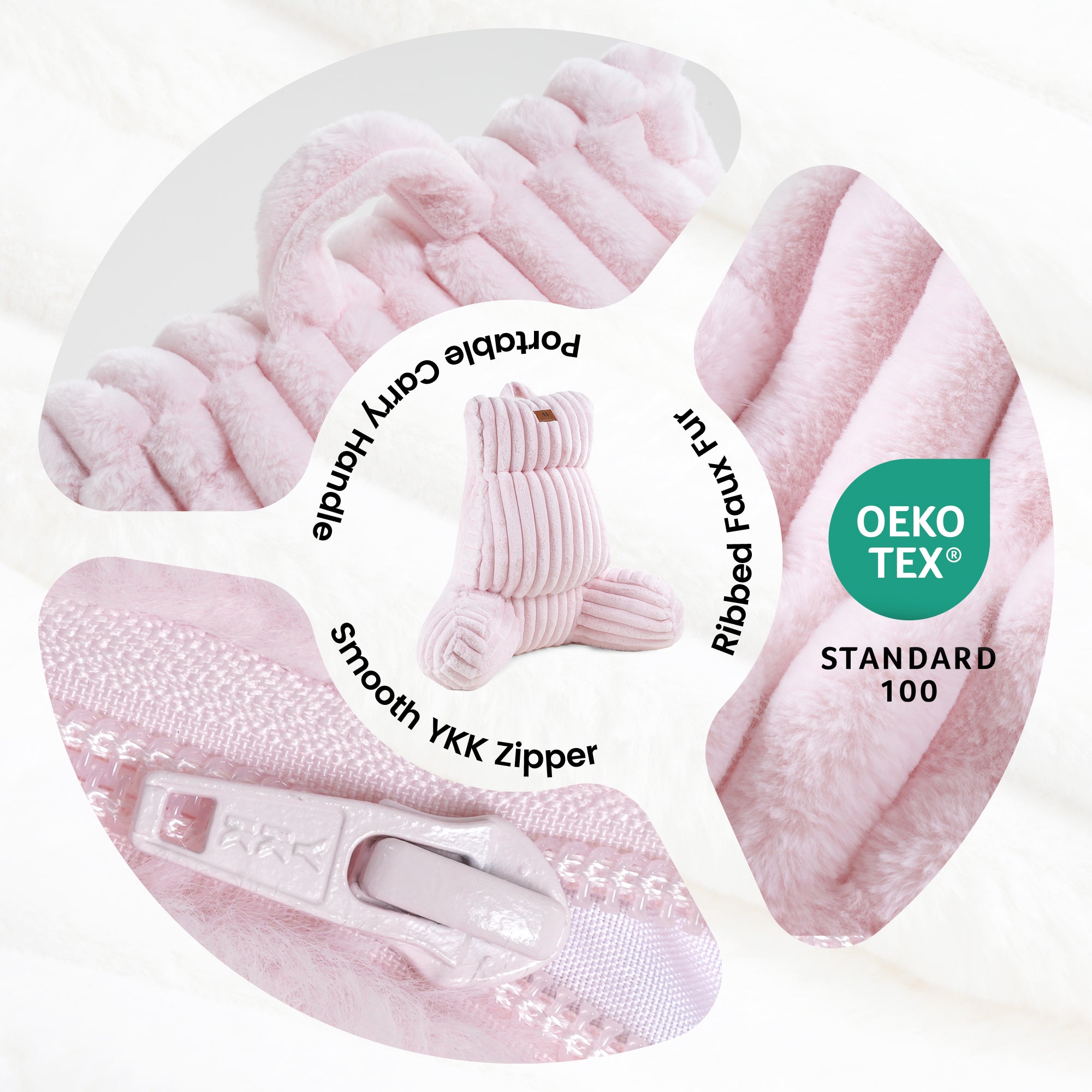 Close up of Snuggle Sac Striped Faux Fur Backrest Reading Pillow featuring the OEKO-TEX Certificate#color_Pink