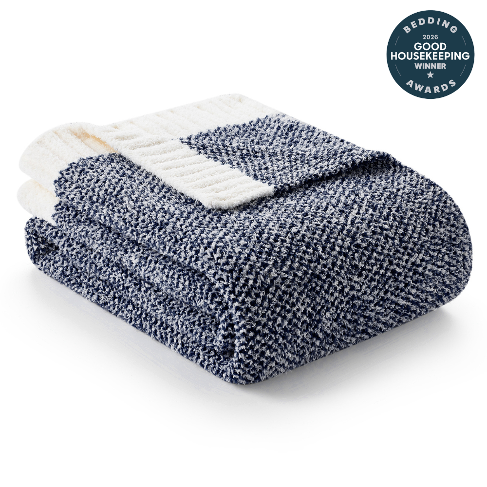 Snuggle Sac Heather Feather Yarn Dark Blue Knit Throw Blanket front view #Color_Dark Blue
