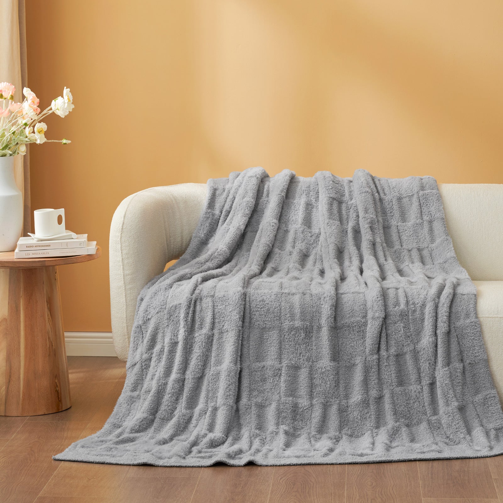 Checkered Faux Fur Microfiber Blanket - #Color_Solid Light Grey