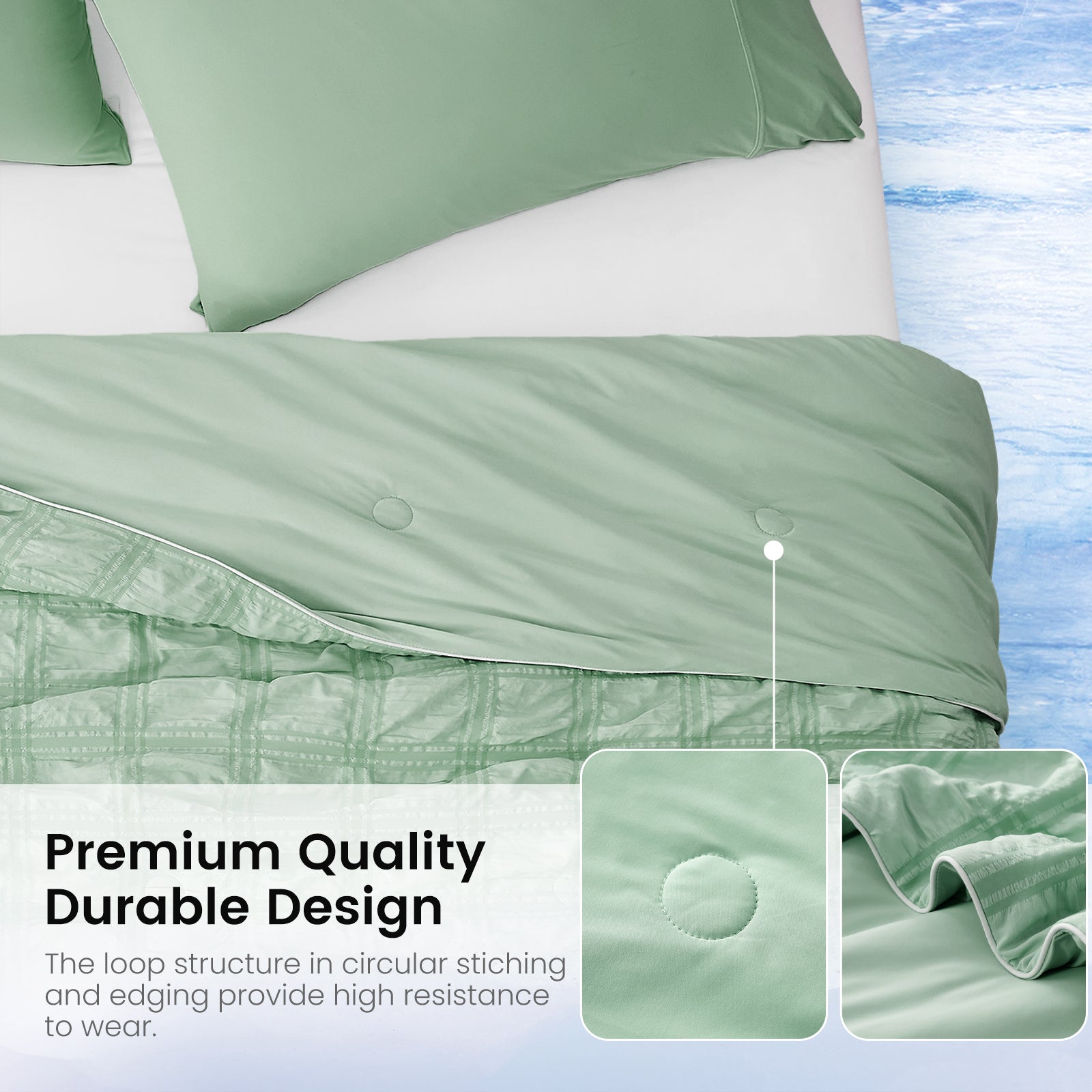 close up of Snuggle Sac cooling blanket, featuring premium quality and durable design#color_Sage Green