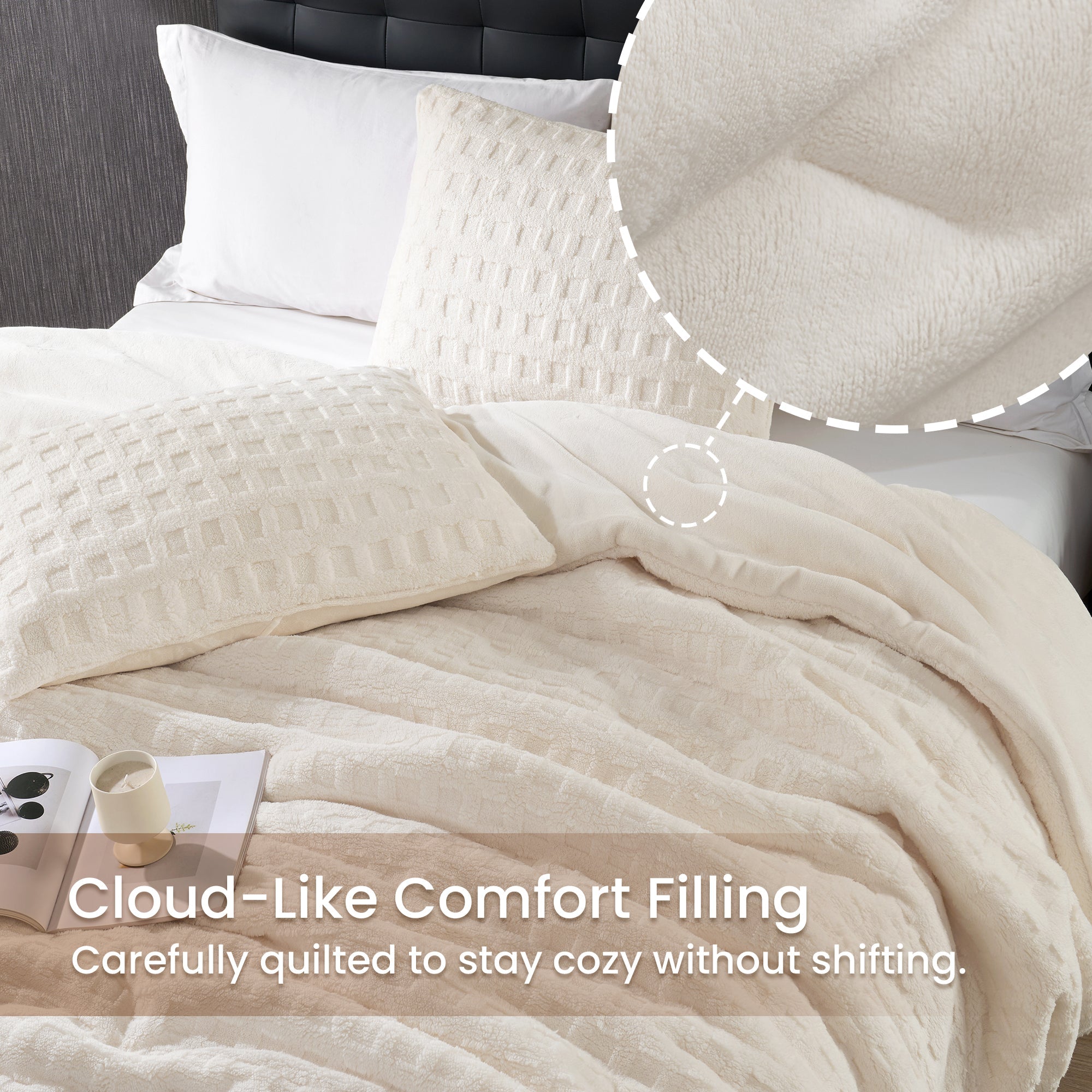 Beige comforter on a bed with close-up of texture and text 'Cloud-Like Comfort Filling'.#color_Beige