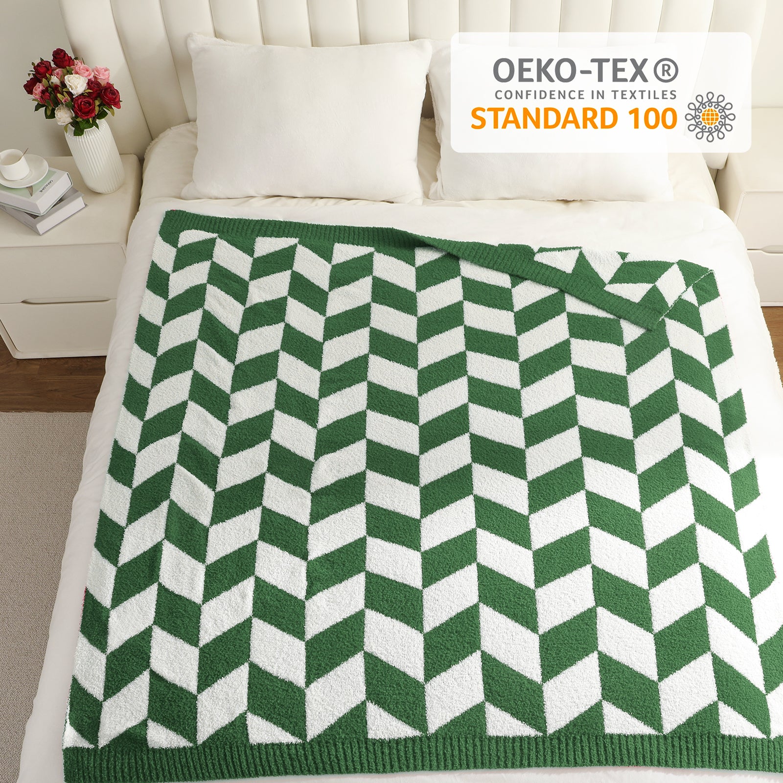 Green and white chevron patterned blanket on a bed with OEKO-TEX certification above. #color_ Xmas Green