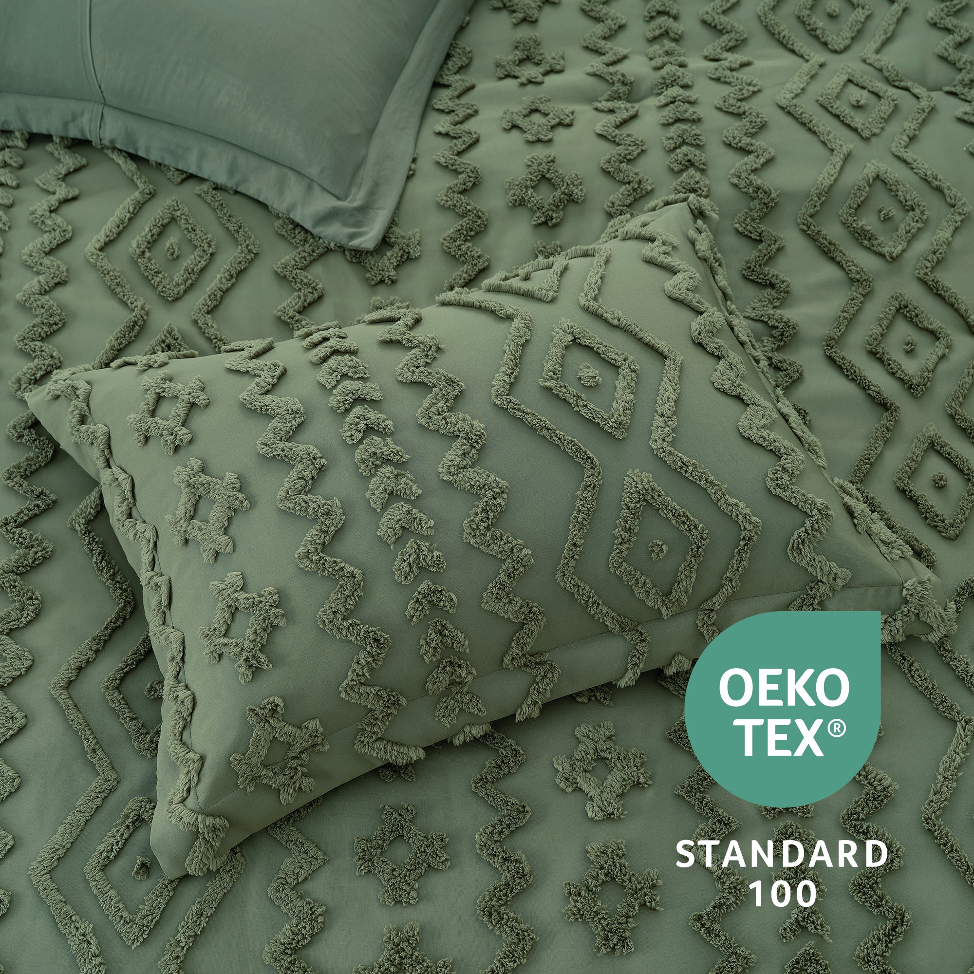 Snuggle SacAll-Season Boho Deluxe Embroidery Comforter Set on bed with OEKO TEX Certificate#color_Oliver Green