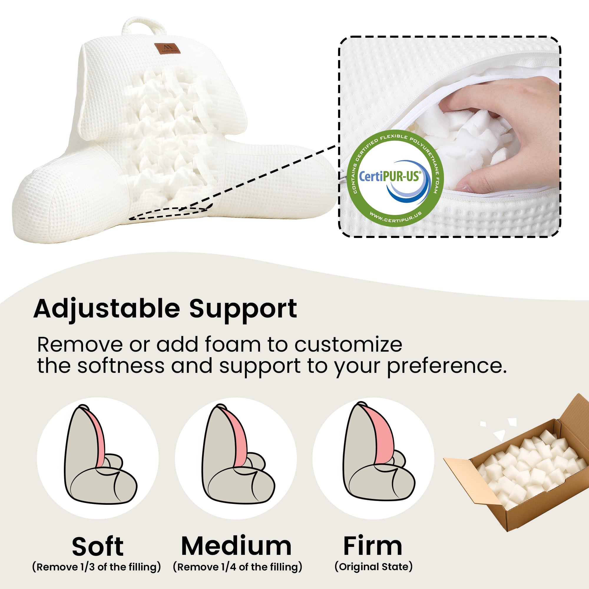 Snuggle Sac Adjustable backrest pillow with CertiPUR-US certification and instructions on foam removal for soft, medium, and firm settings.#Color_Ivory