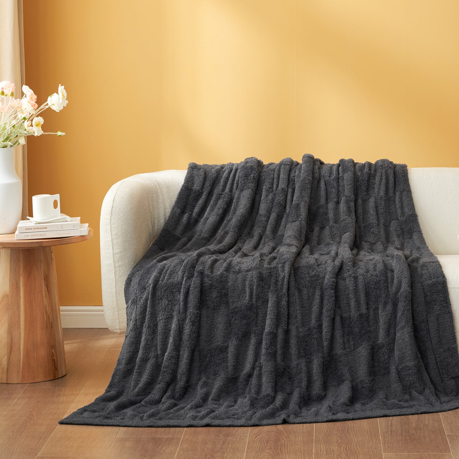 Checkered Faux Fur Microfiber Blanket - #Color_Solid Dark Grey