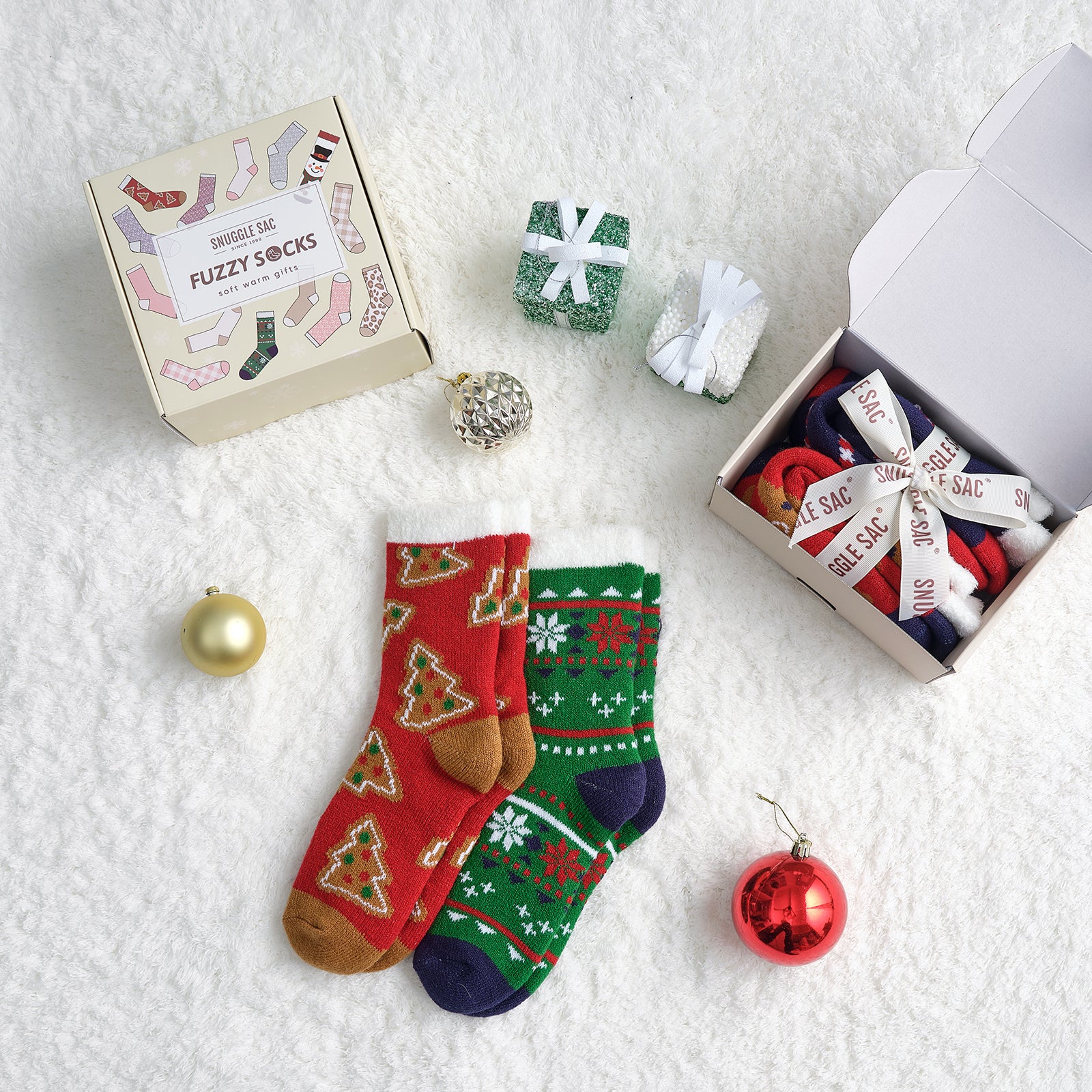 Women Double Layer Christmas Socks 2 pairs - Red & Blue