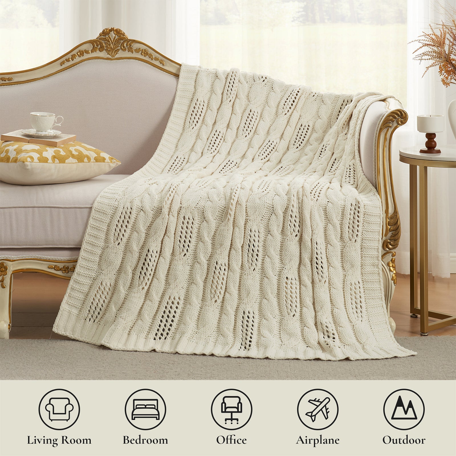 Cable chenille knit throw blanket in Ivory suitable for living room bedroom office travel and outdoor use #color_Ivory