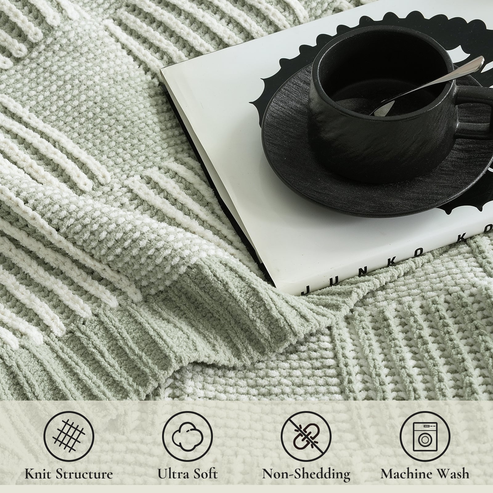 Close up of two tone checkered chenille knit throw blanket in Sage Green showing knit structure ultra soft feel non shedding and machine washable features #color_Sage Green