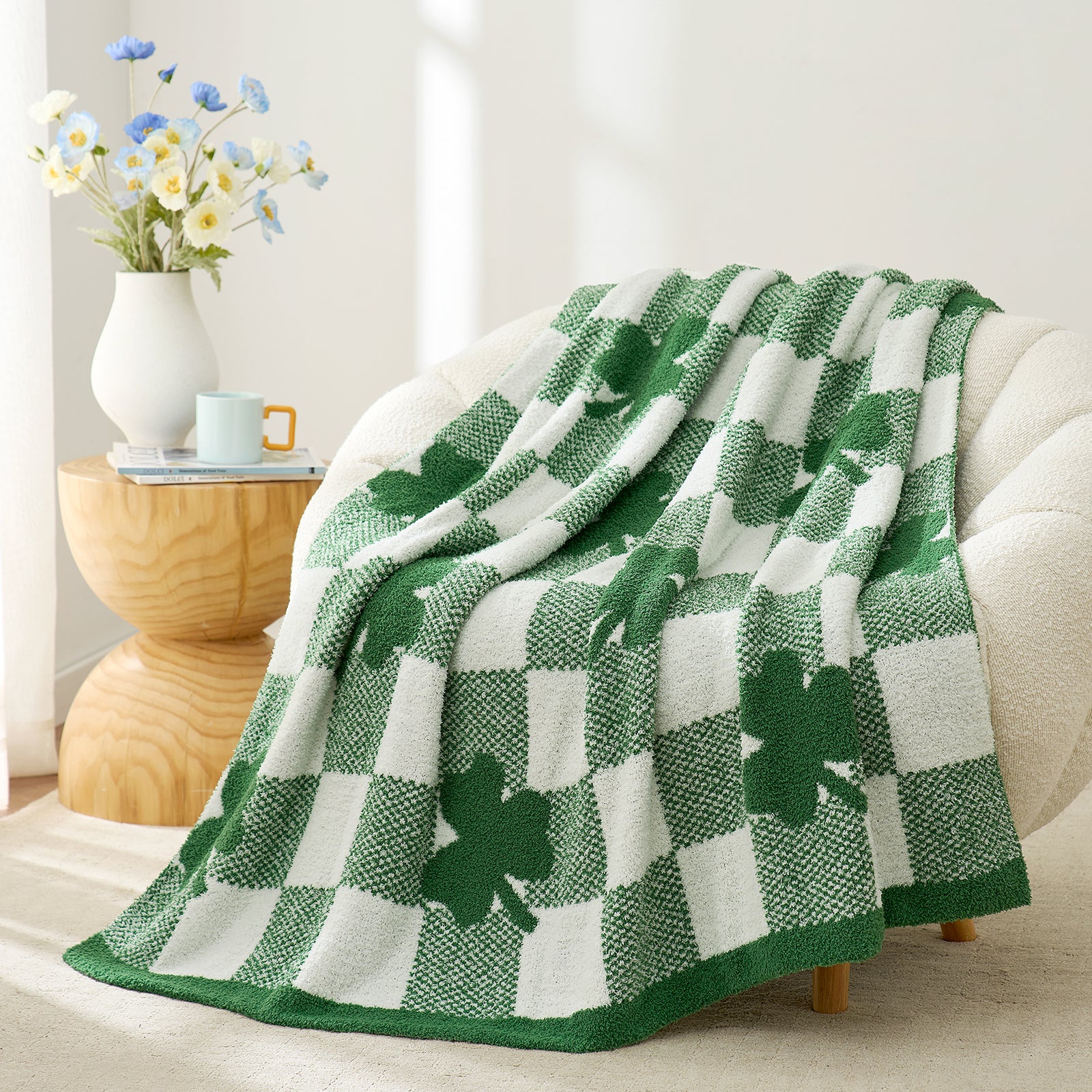 SnugCozy Lucky Shamrock Feather Yarn Knit Throw Blanket