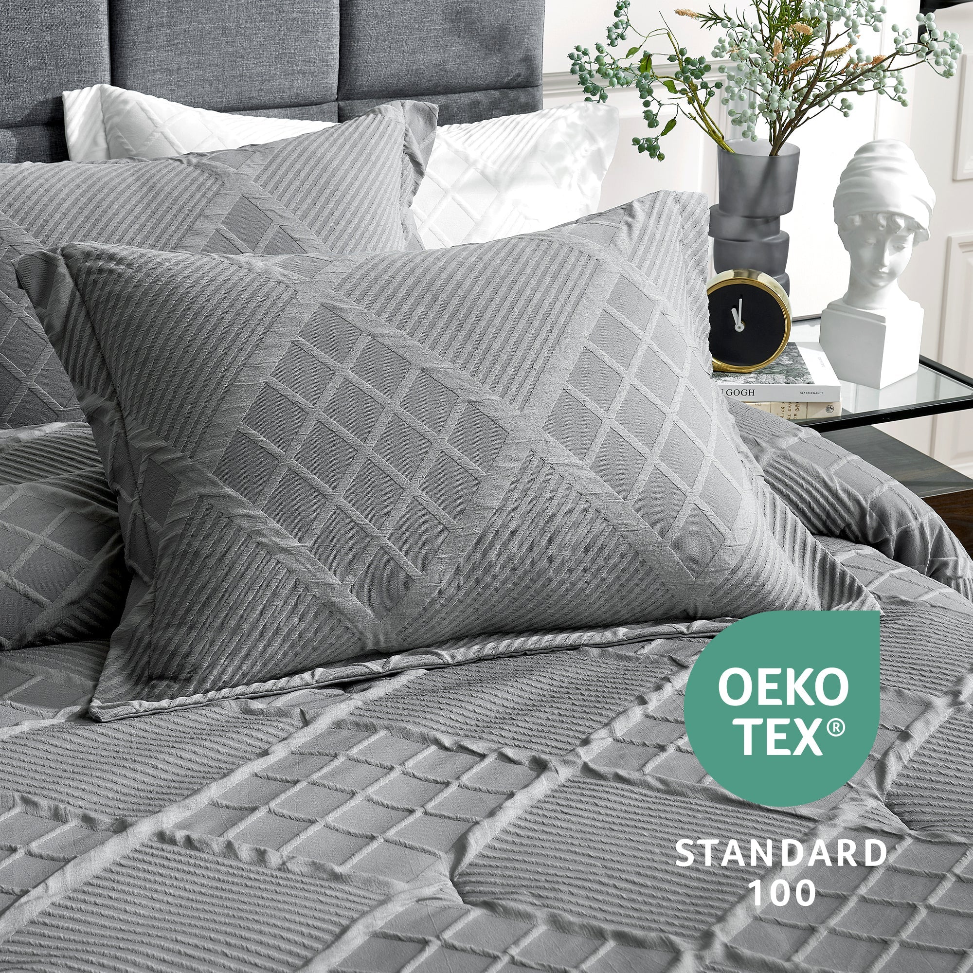 Snuggle Sac All-Season Jacquard Windowpane Comforter Pillow in dark grey on bed with OEKO TEX Certificate#color_Dark Grey