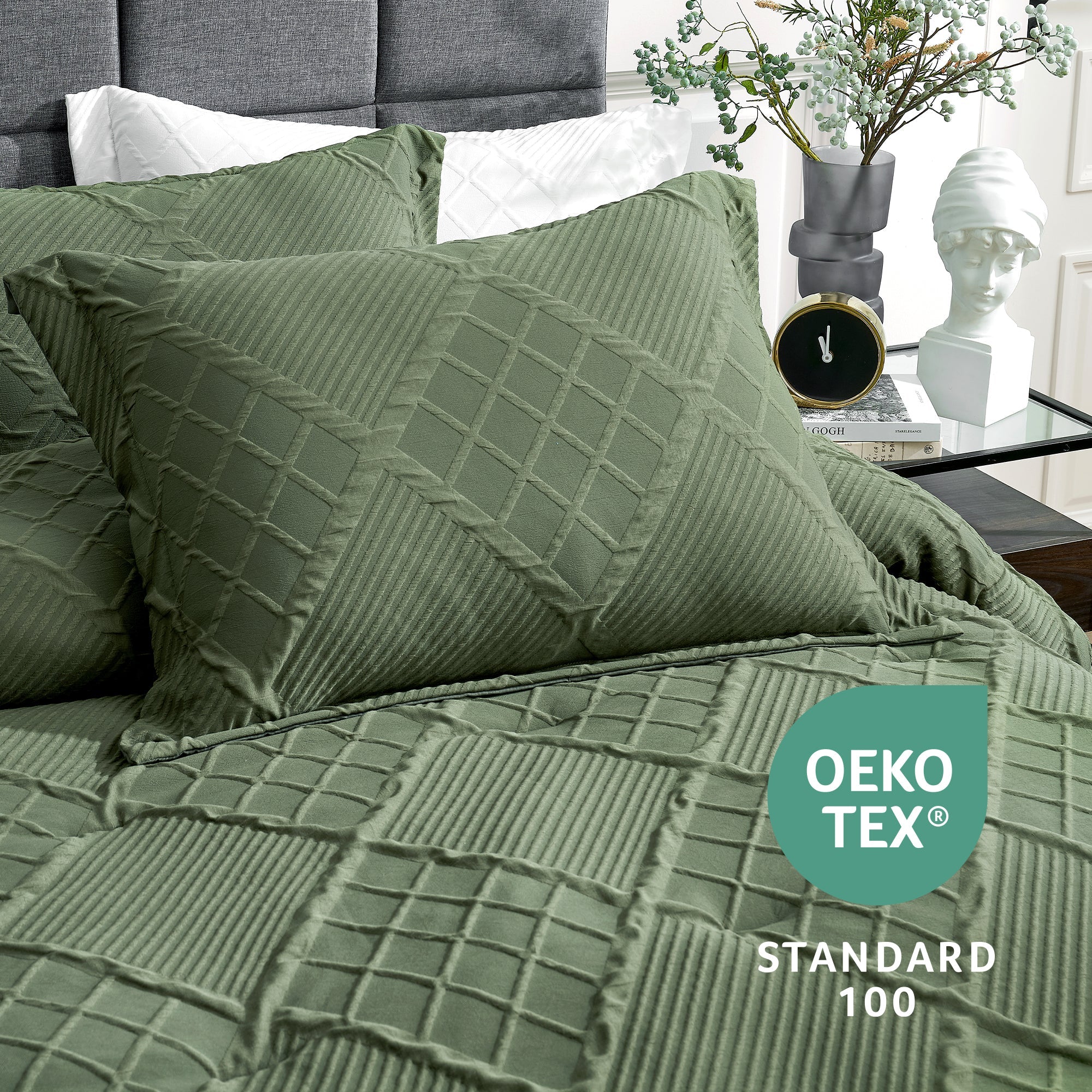 Snuggle Sac All-Season Jacquard Windowpane Comforter Pillow in Oliver Green on bed with OEKO TEX Certificate#Color_Oliver_Green