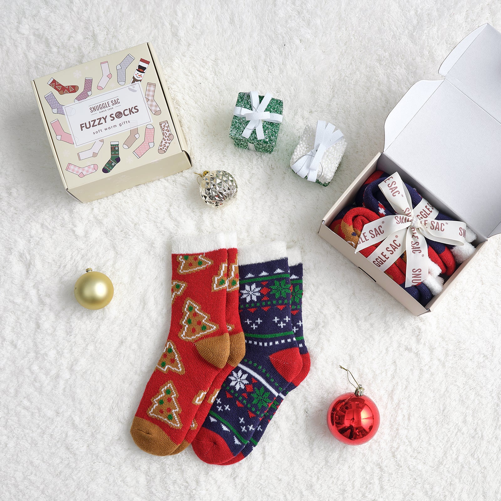 Women Double Layer Christmas Socks 2 pairs - Red Tree & Blue