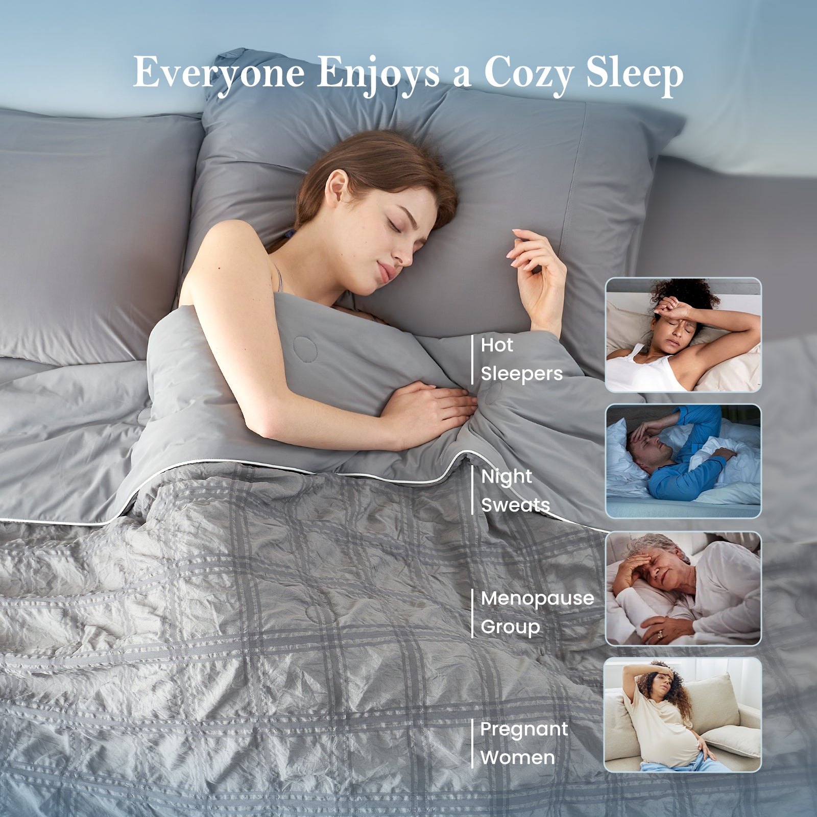 Snuggle Sac grey cooling blanket for hot sleepers, night sweat, menopause group and pregnant women#color_Grey