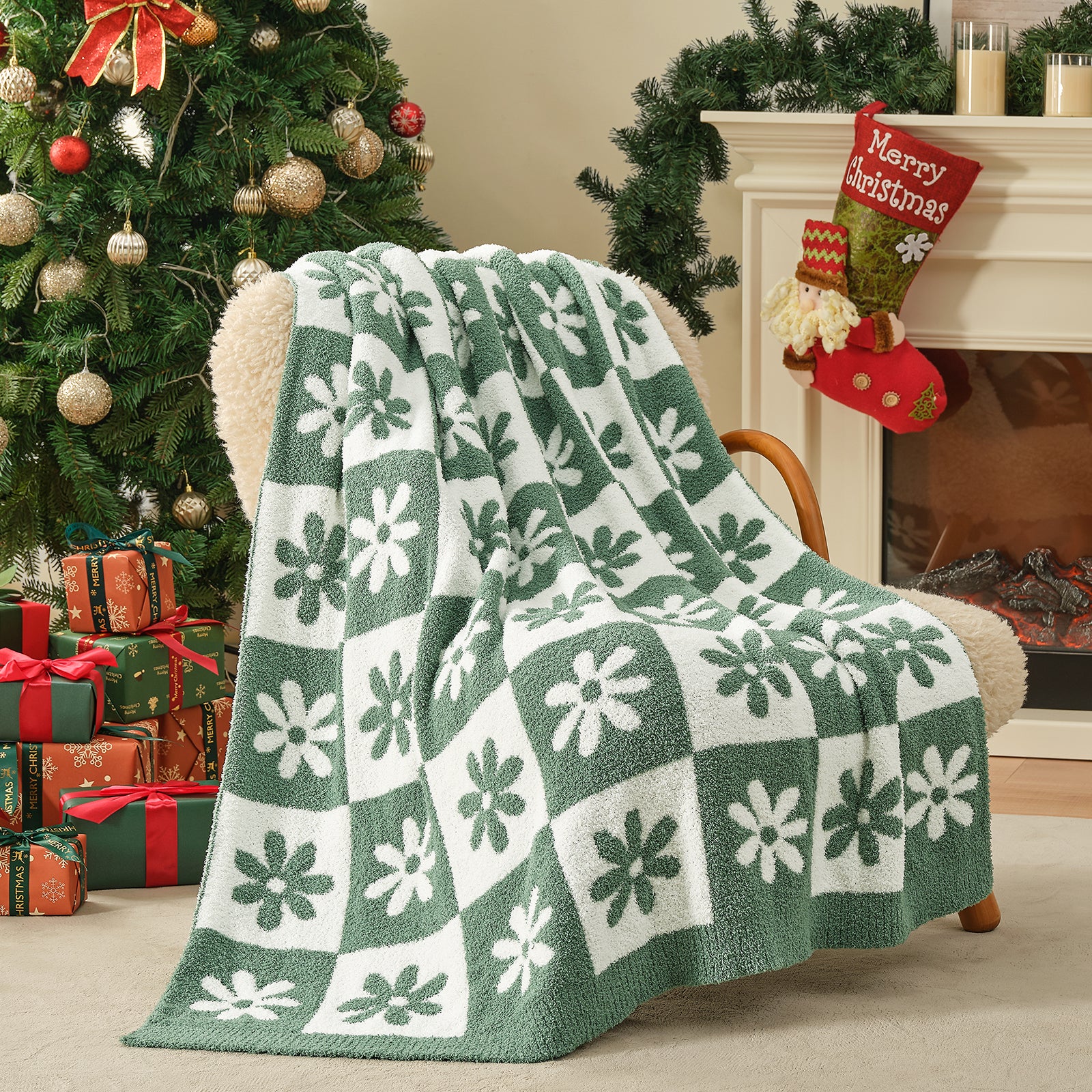 Green and white patterned blanket draped over a chair in a festive living room with Christmas tree and stockings. #color_Xmas Green