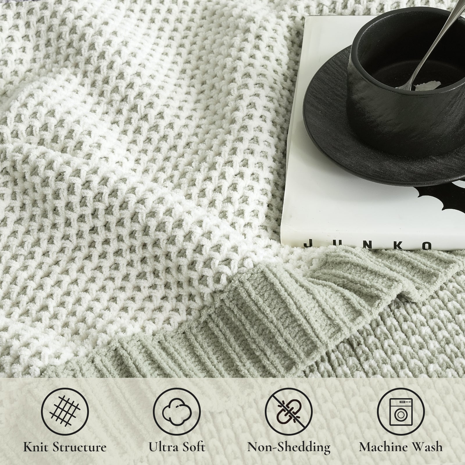 Detailed view of honeycomb chenille knit throw blanket in Sage Green with two tone design featuring soft feel durable non shedding construction and machine washable performance #color_Sage Green