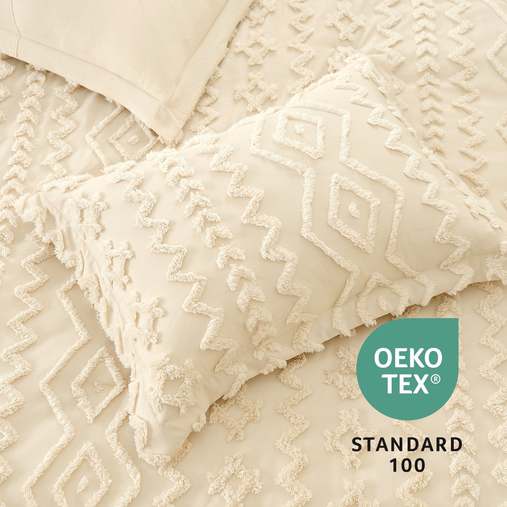 Snuggle SacAll-Season Boho Deluxe Embroidery Comforter Set on bed with OEKO TEX Certificate#color_Beige