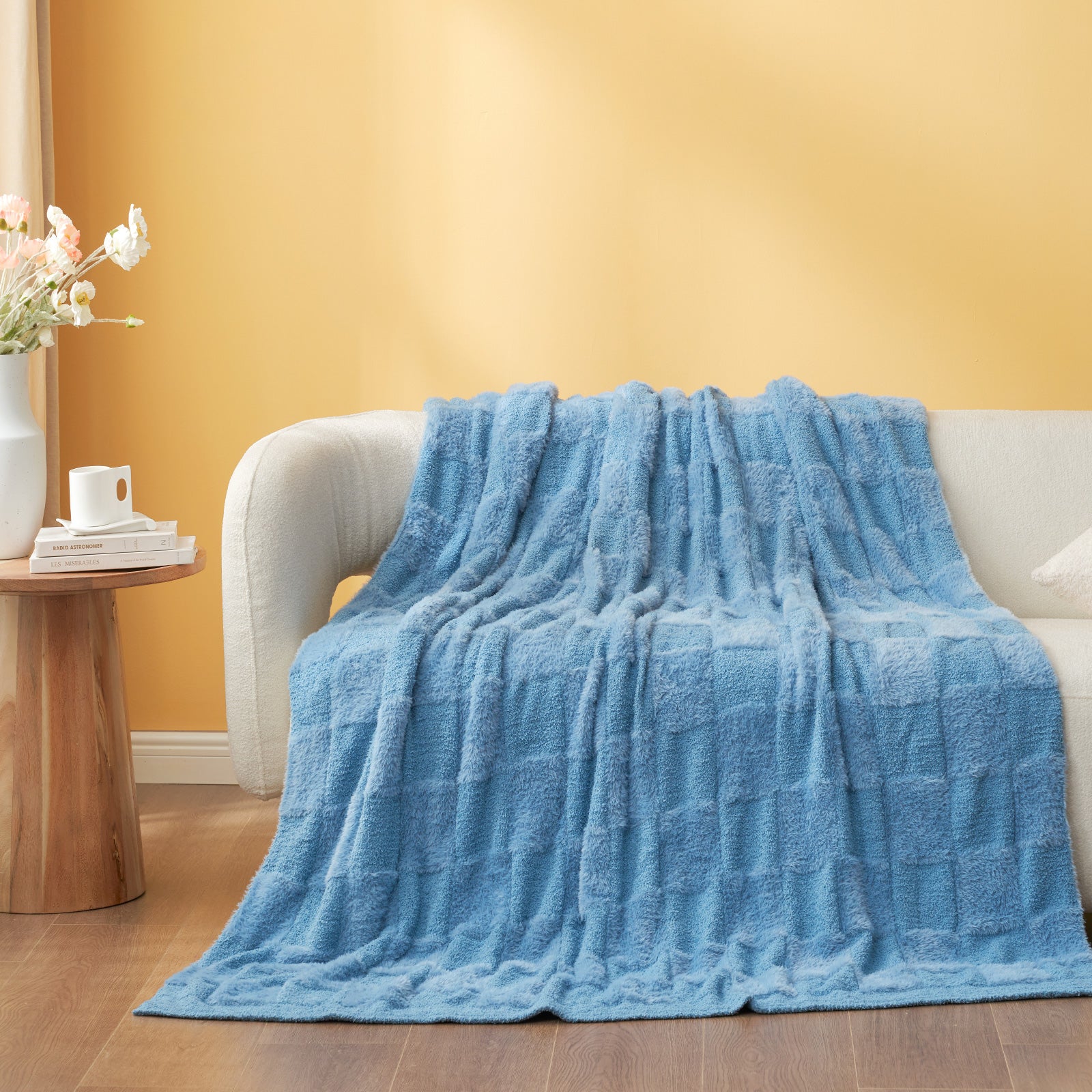 Checkered Faux Fur Microfiber Blanket - #Color_Solid Blue
