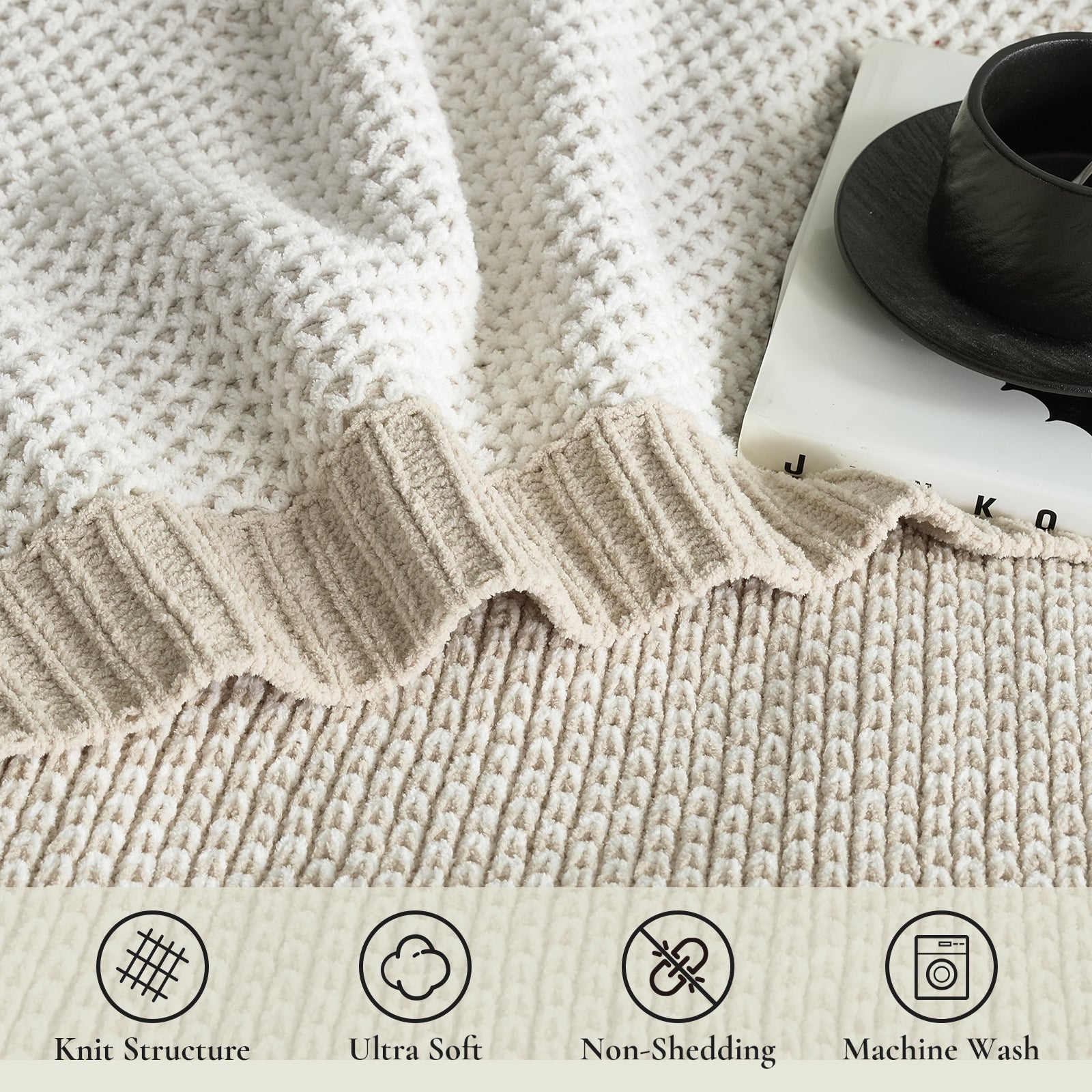 Close up of two tone honeycomb chenille knit throw blanket in Khaki and White highlighting textured weave softness non shedding fabric and easy machine wash care #color_Khaki&White