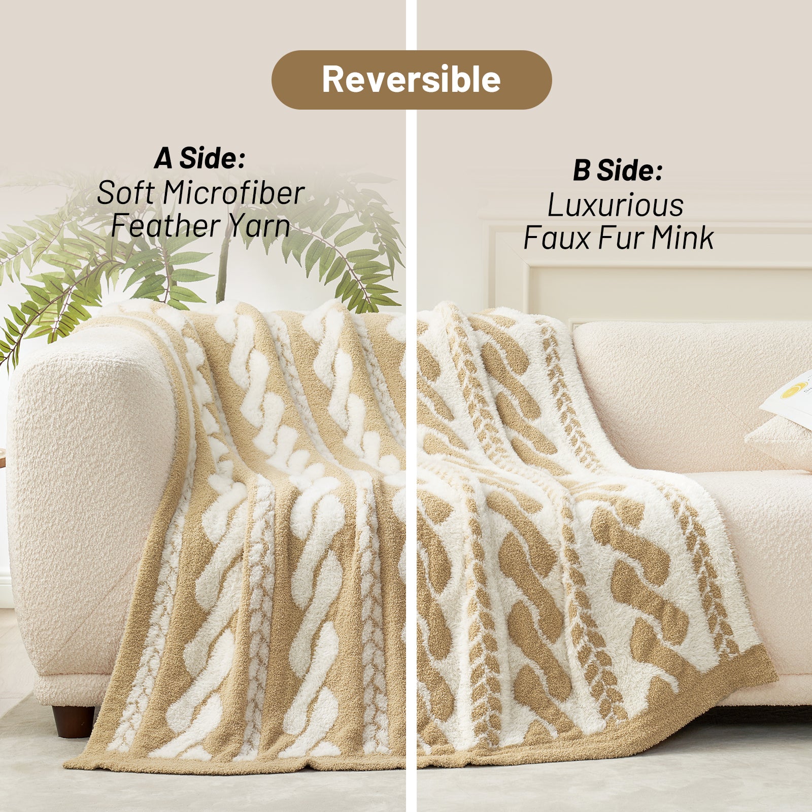 Snuggle Sac reversible cable faux fur knit throw blanket in beige and white showing soft microfiber feather yarn on one side and luxurious faux fur mink on the other.#color_Beige