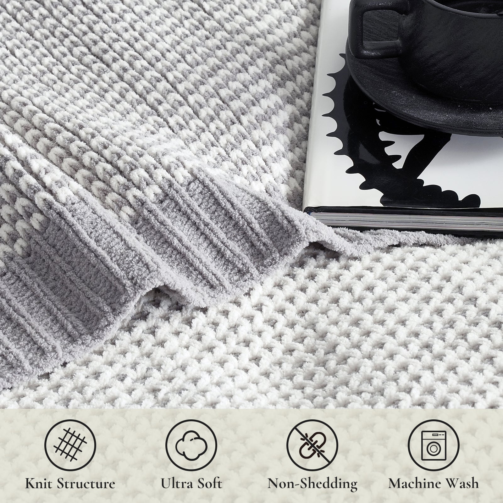 Two tone honeycomb chenille knit throw blanket in Gray and White close up showing knit structure ultra soft touch non shedding and machine washable features #color_Gray&White