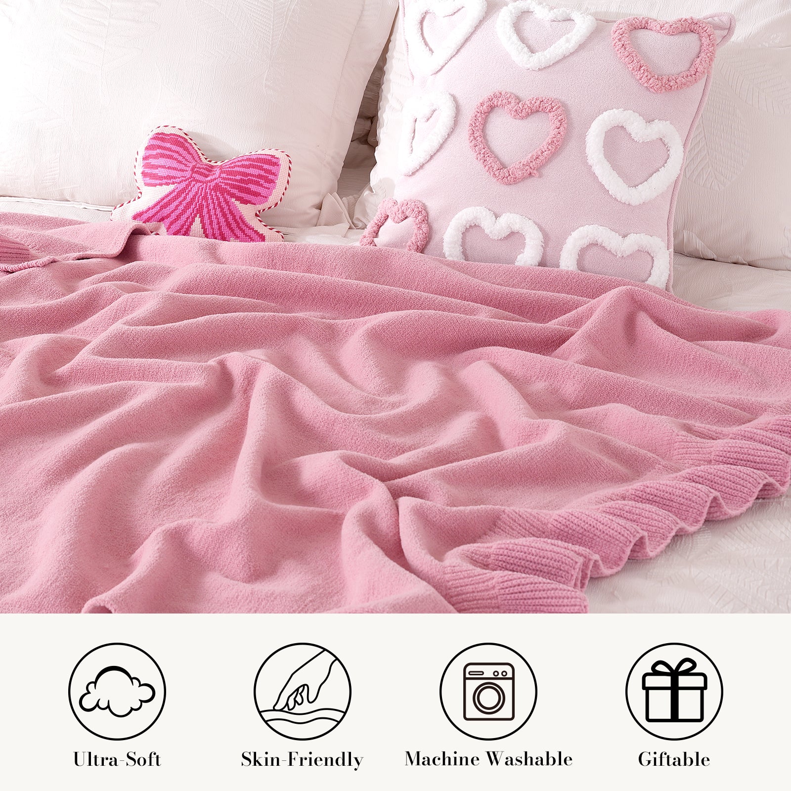 SnugCozy Valentine Pink Ruffle Chenille Knit Throw Blanket