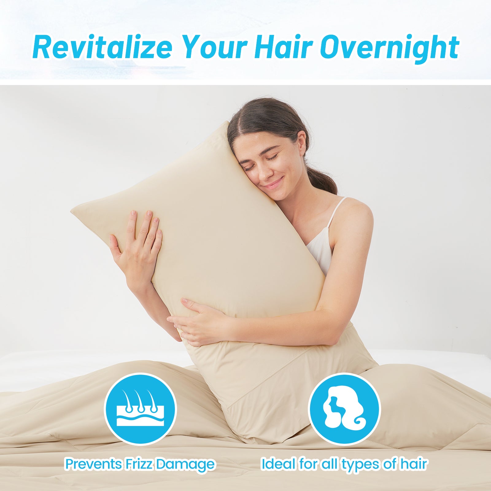 Woman holding a Snuggle Sac pillow with text 'Revitalize Your Hair Overnight' and icons indicating benefits.#color_Khaki