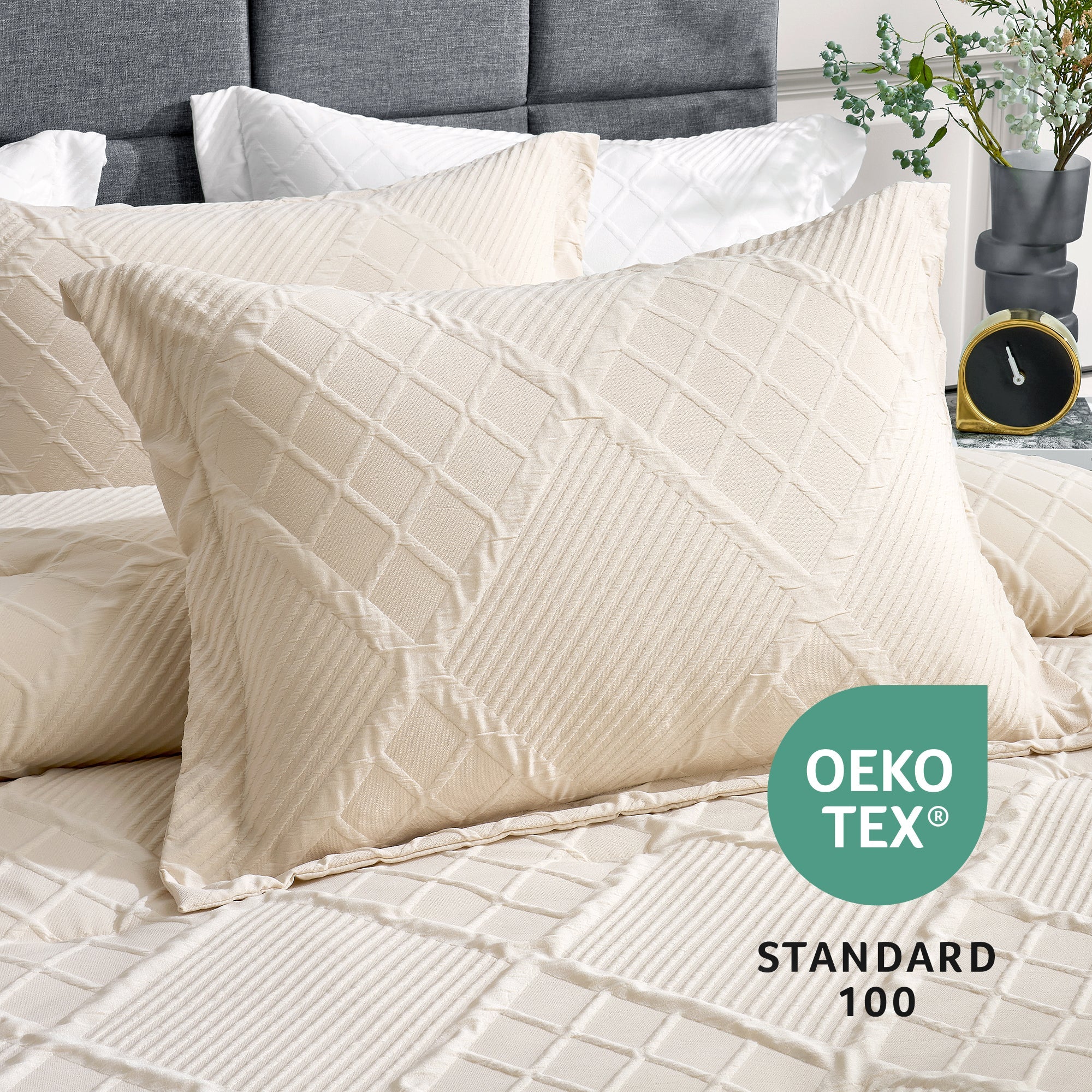 Snuggle Sac All-Season Jacquard Windowpane Comforter Pillow in beige on bed with OEKO TEX Certificate#color_Beige