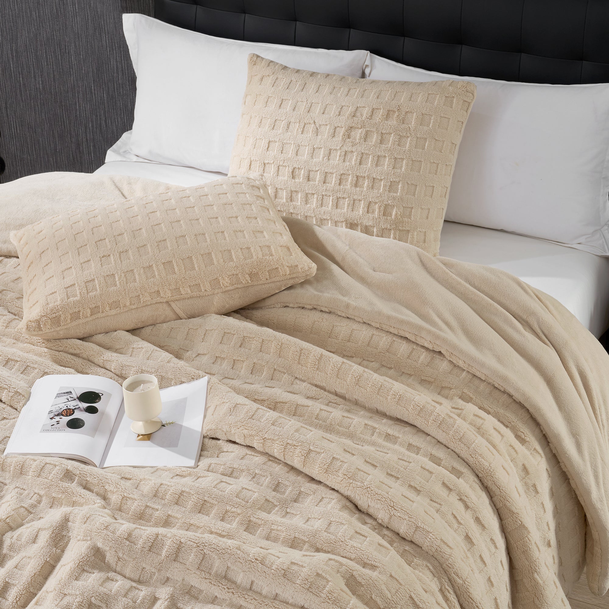 Close up of Snuggle Sac Winter Jacquard Cuddle Soft Waffle Comforter Set with a book and cup on the bed#color_Khaki