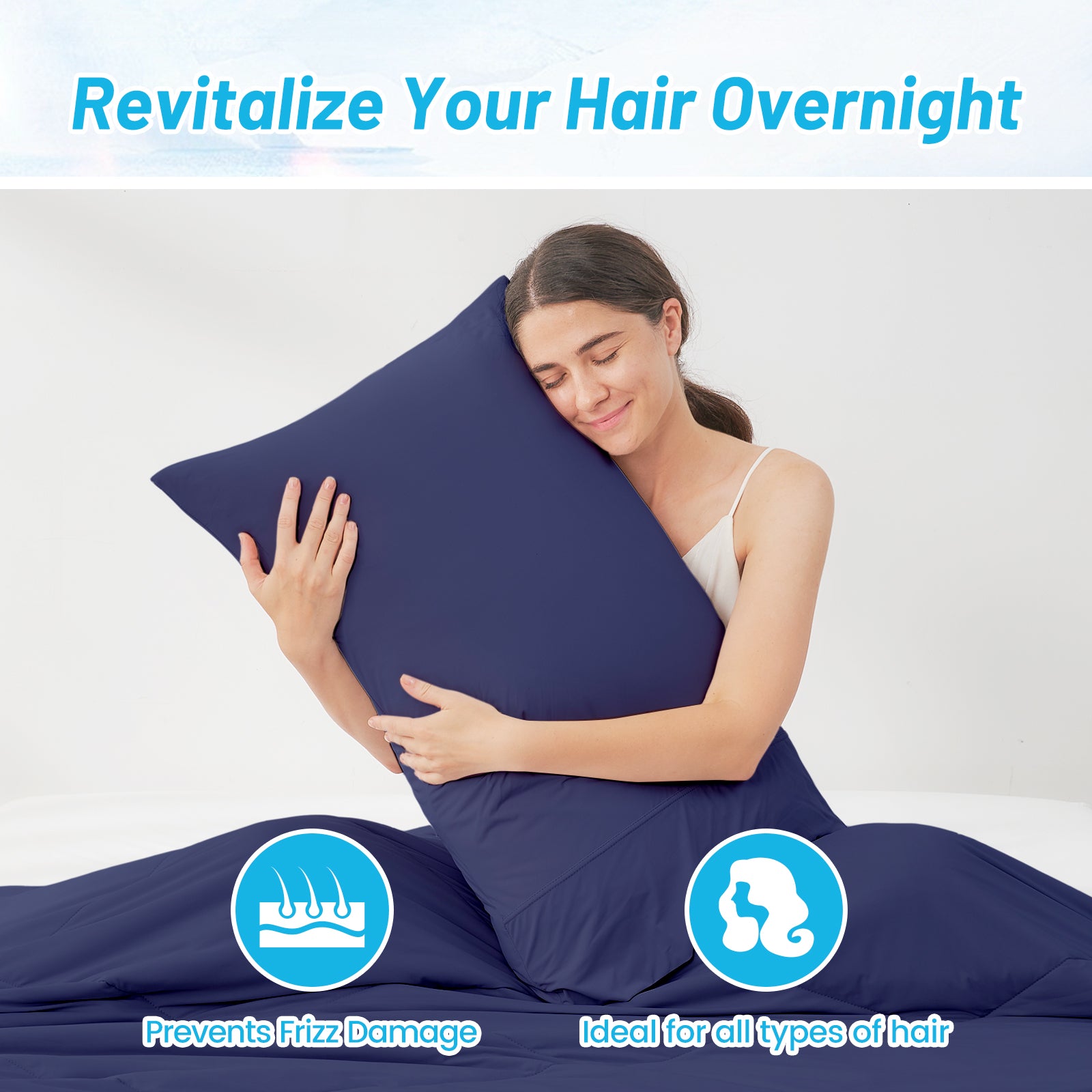 Woman holding a dark blue Snuggle Sac pillow with text about hair care benefits on a white background.#color_Dark Blue