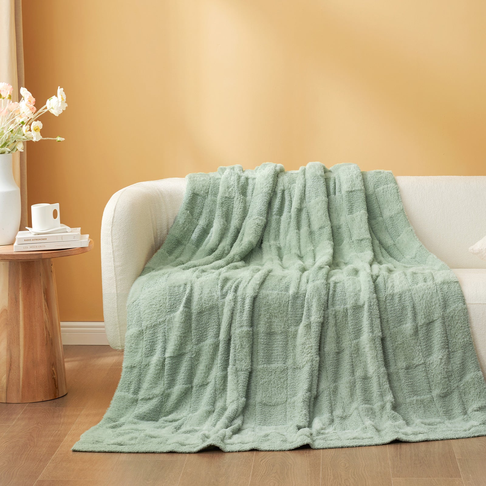 Checkered Faux Fur Microfiber Blanket - #Color_Sage Green