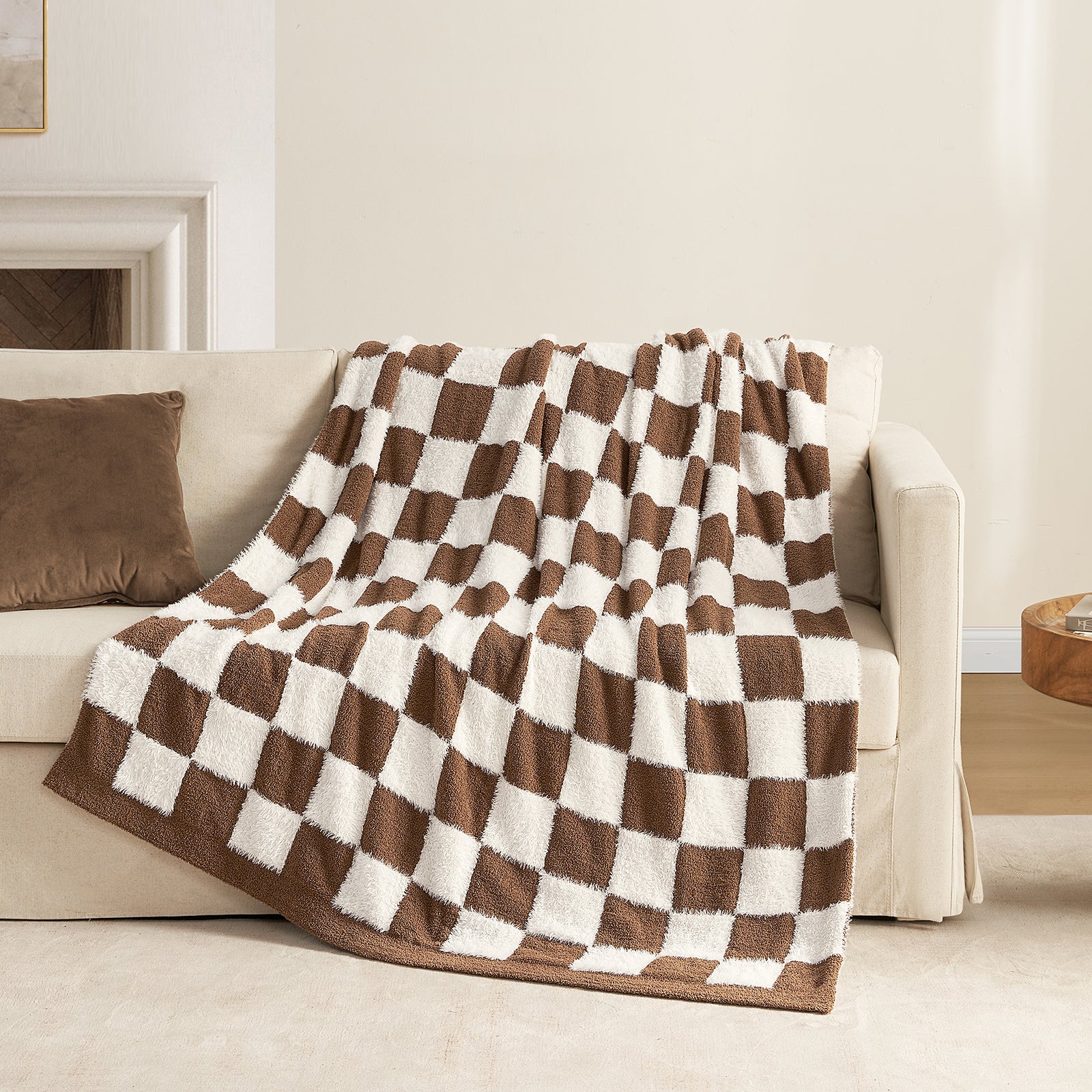 Checkered Faux Fur Microfiber Blanket - #Color_Brown