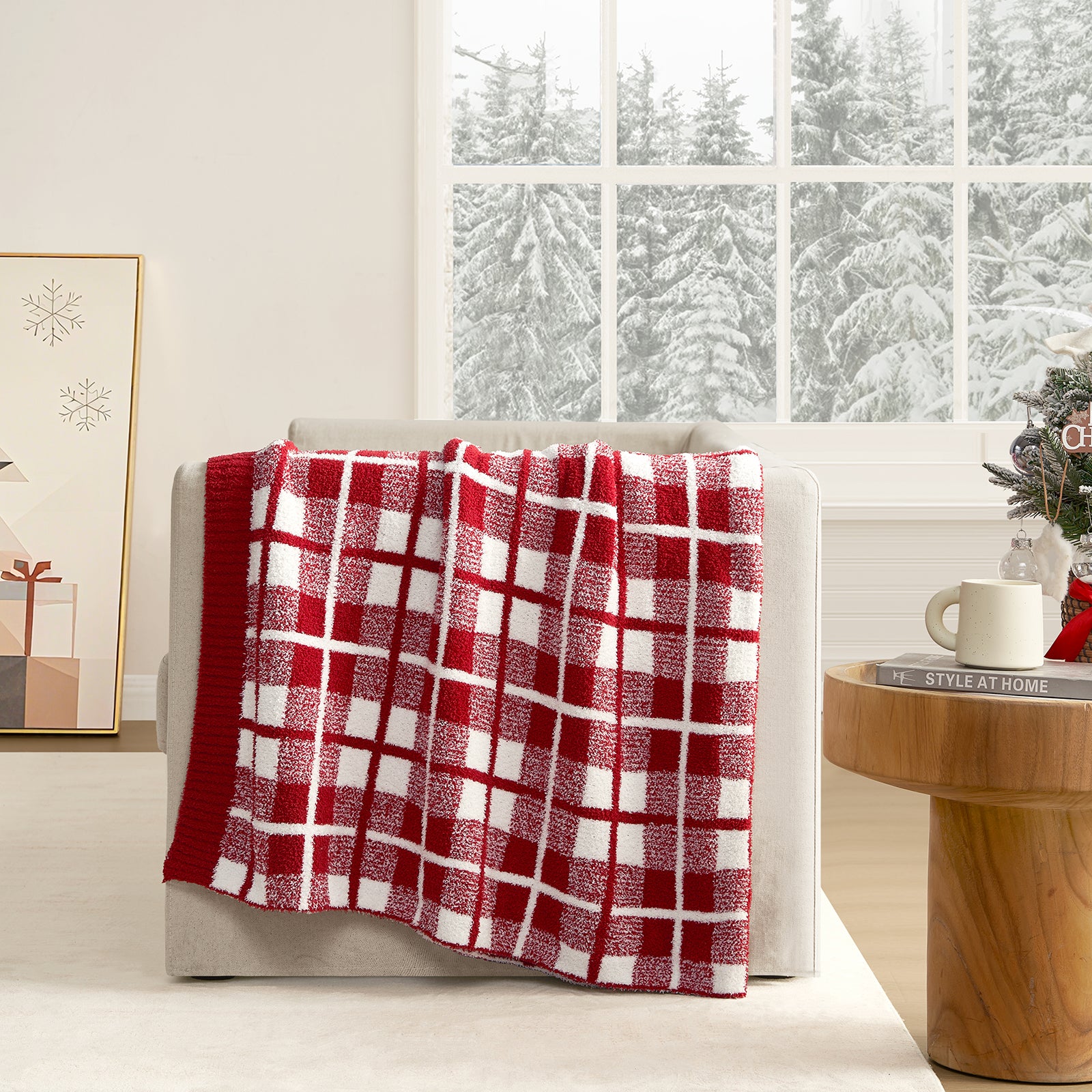 Reversible Buffalo Plaid Feather Yarn Knit Throw Blanket draped over a beige sofa with window and a mirror#Color_Red