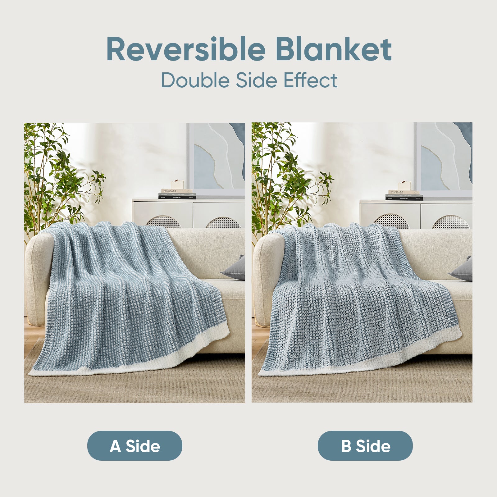 Two pictures showing the reversible effect of the blue blanket#color_Cream/Blue