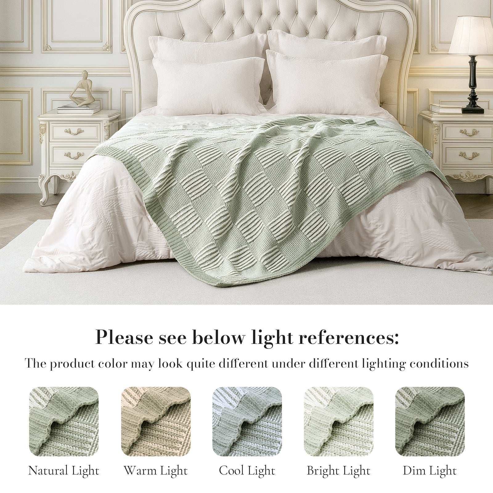 Two tone checkered chenille knit throw blanket in Sage Green layered on bed with lighting reference showing color variations #color_Sage Green