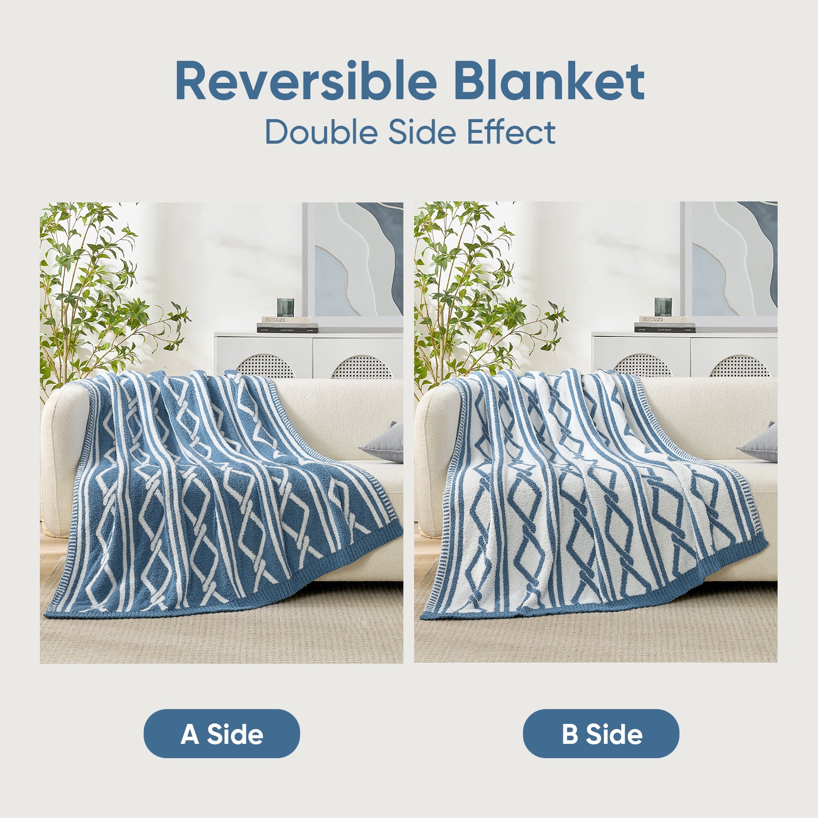 Snuggle Sacs Aesthetic Boho Feather Yarn Knit Throw Blanket, featuring its reversible and double side effect #color_Blue