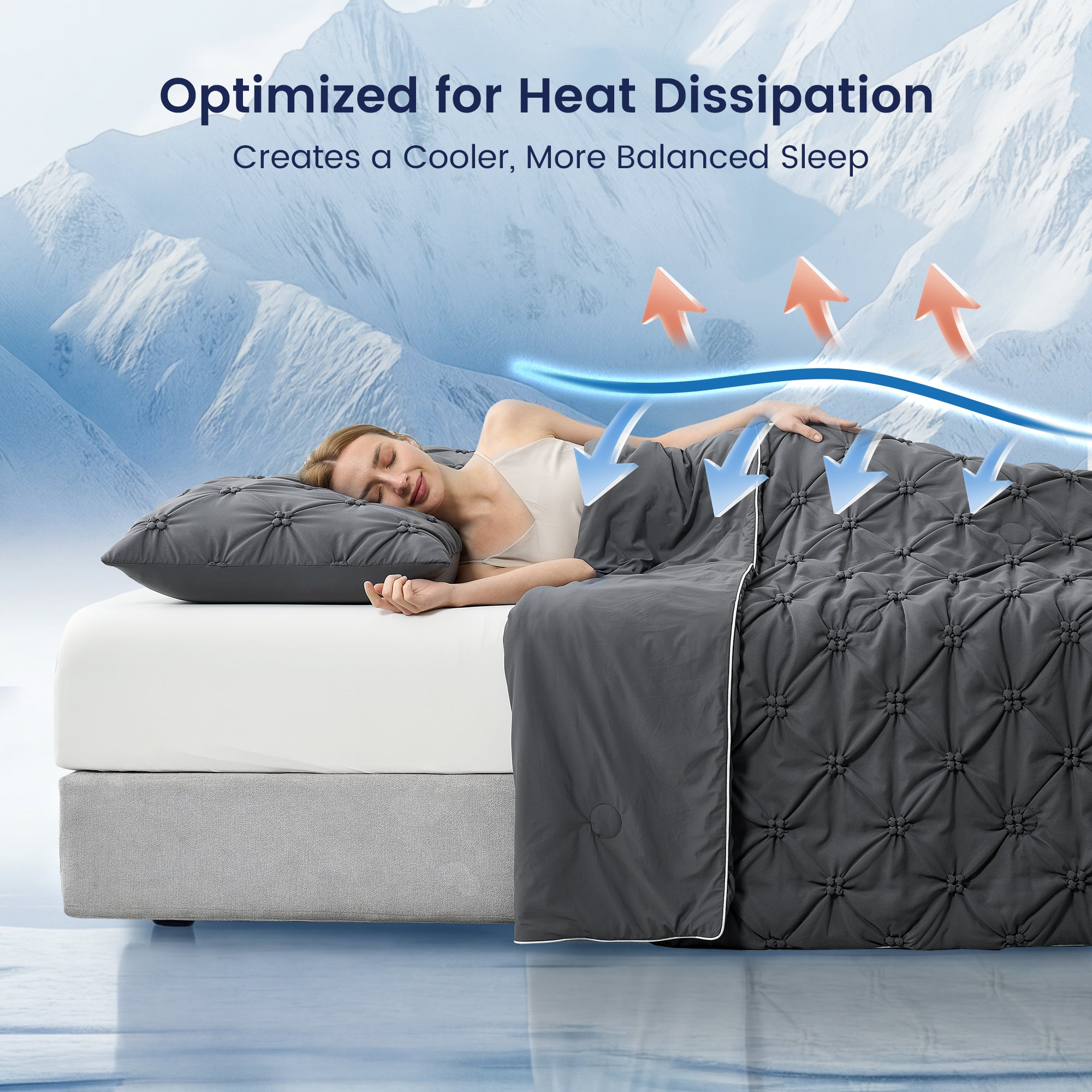 A woman wrapped in Snuggle Sac Cooling comforter showing the effects of optimised heat dissipation#color_Charcoal Grey