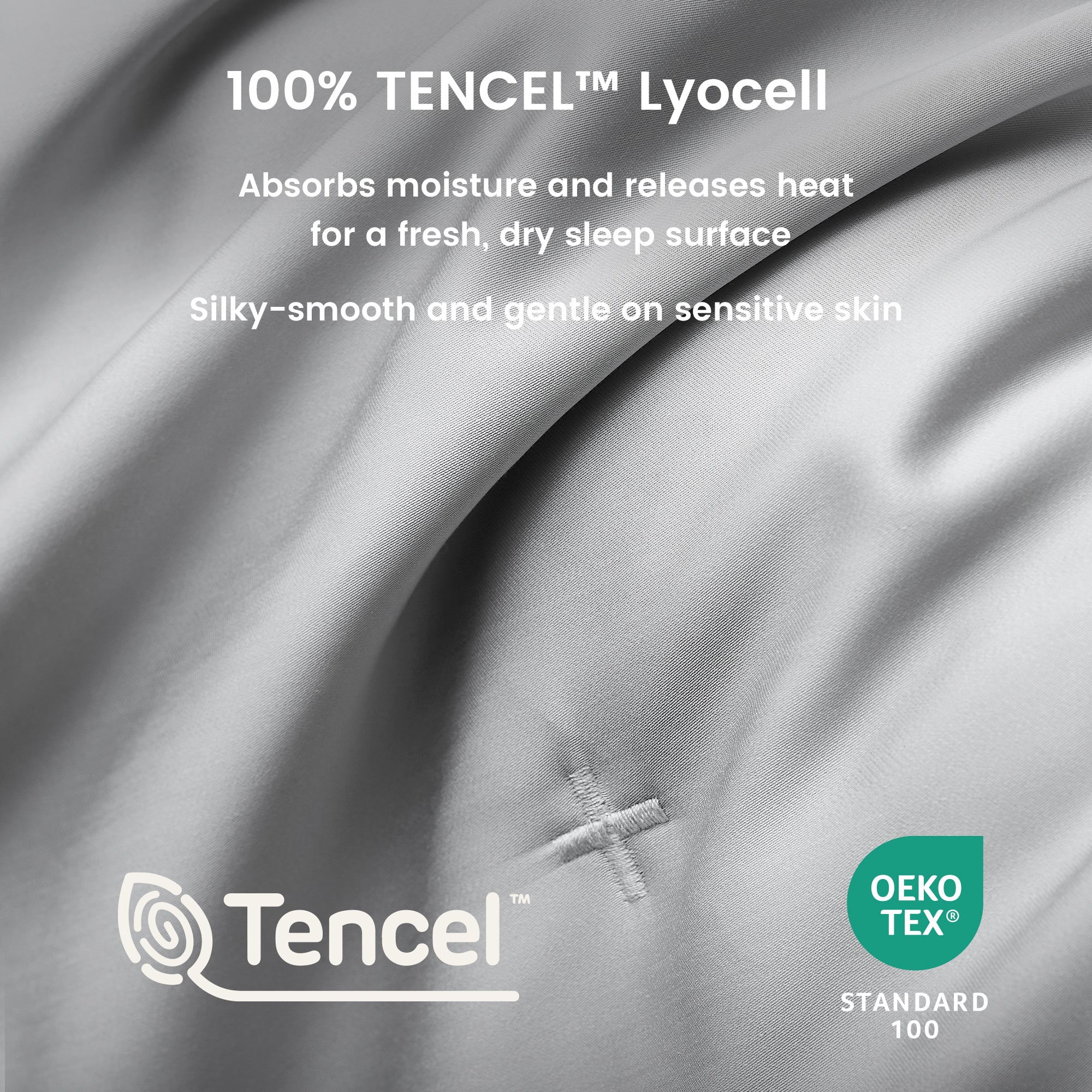 Close up of silky smooth Tencelâ„?lyocell cooling fabric with OKEO-TEX Standard 100 certification.#Color_Grey