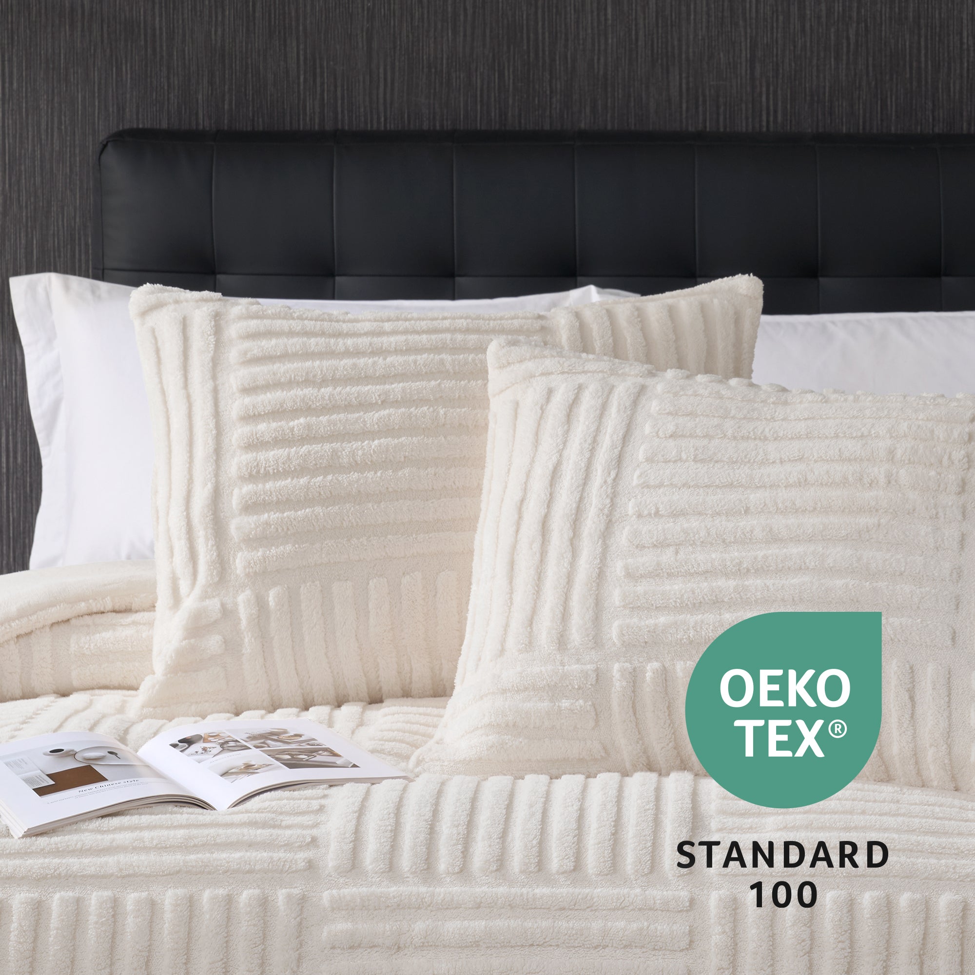 Snuggle Sac Winter Stripe Jacquard Design Comforter Set Pillow in beige on bed with OEKO TEX Certificate#color_Beige