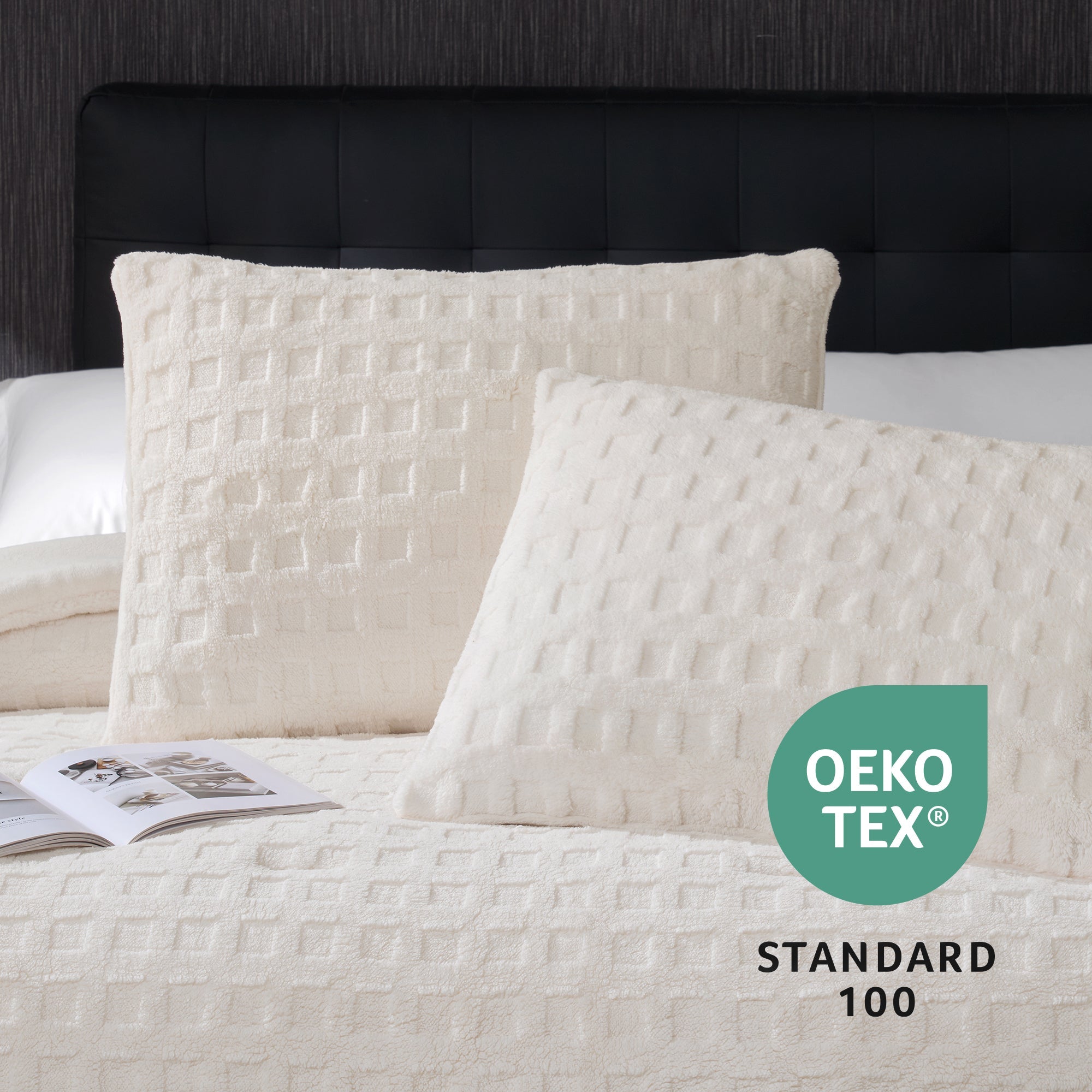 Snuggle Sac Winter Jacquard Cuddle Soft Waffle Comforter Pillow in beige on bed with OEKO TEX Certificate#color_Beige